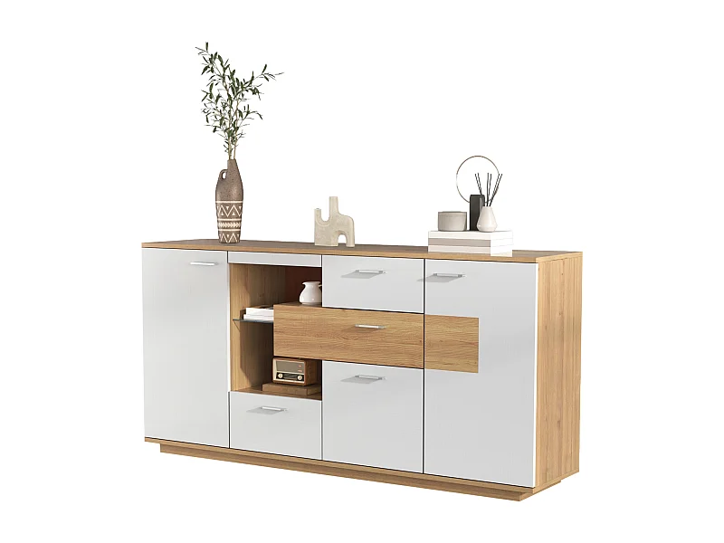 Buffet moderne avec LED, 2 portes et 4 tiroirs, design bois et blanc, 160x40x77 cm