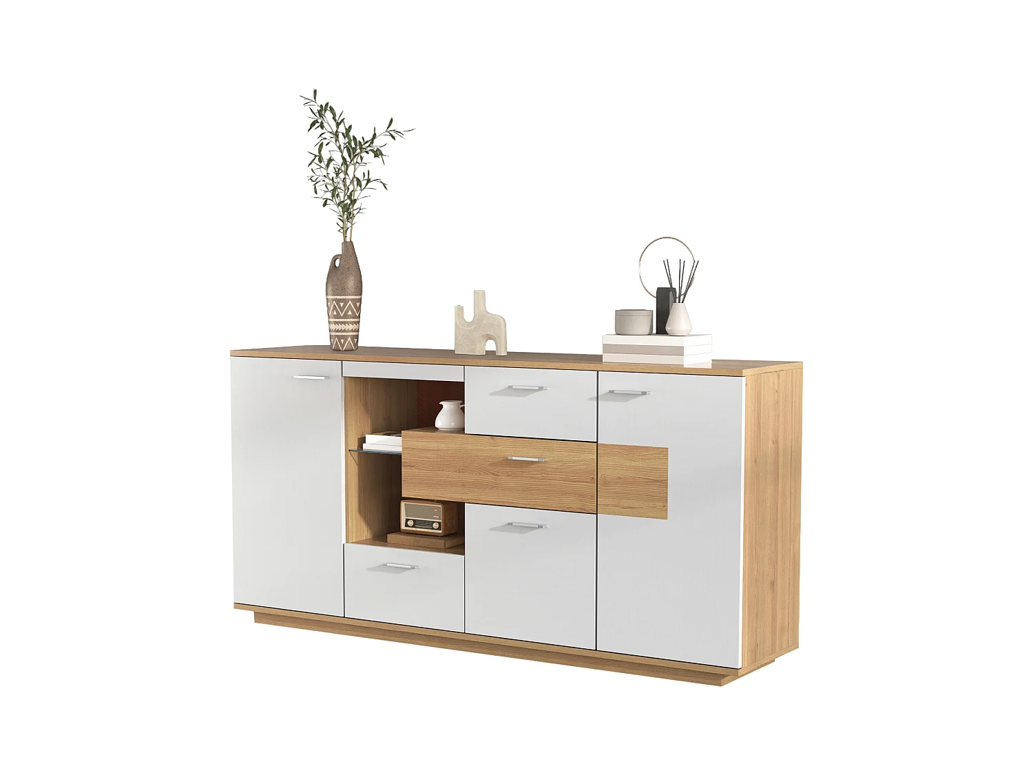 Buffet moderne avec LED, 2 portes et 4 tiroirs, design bois et blanc, 160x40x77 cm