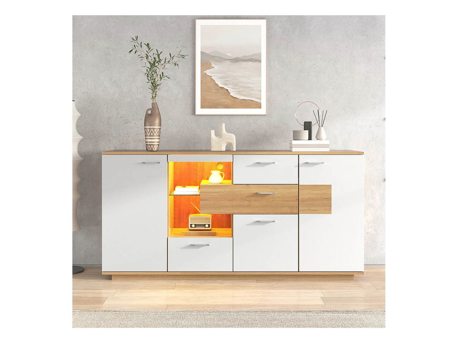 Buffet moderne avec LED, 2 portes et 4 tiroirs, design bois et blanc, 160x40x77 cm