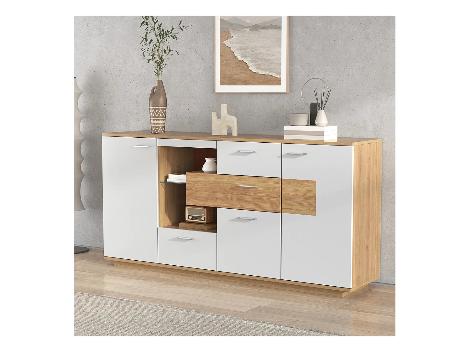 Buffet moderne avec LED, 2 portes et 4 tiroirs, design bois et blanc, 160x40x77 cm