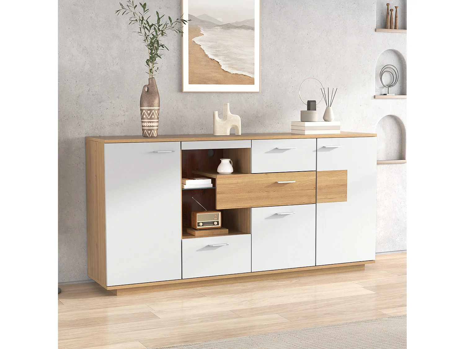 Buffet moderne avec LED, 2 portes et 4 tiroirs, design bois et blanc, 160x40x77 cm