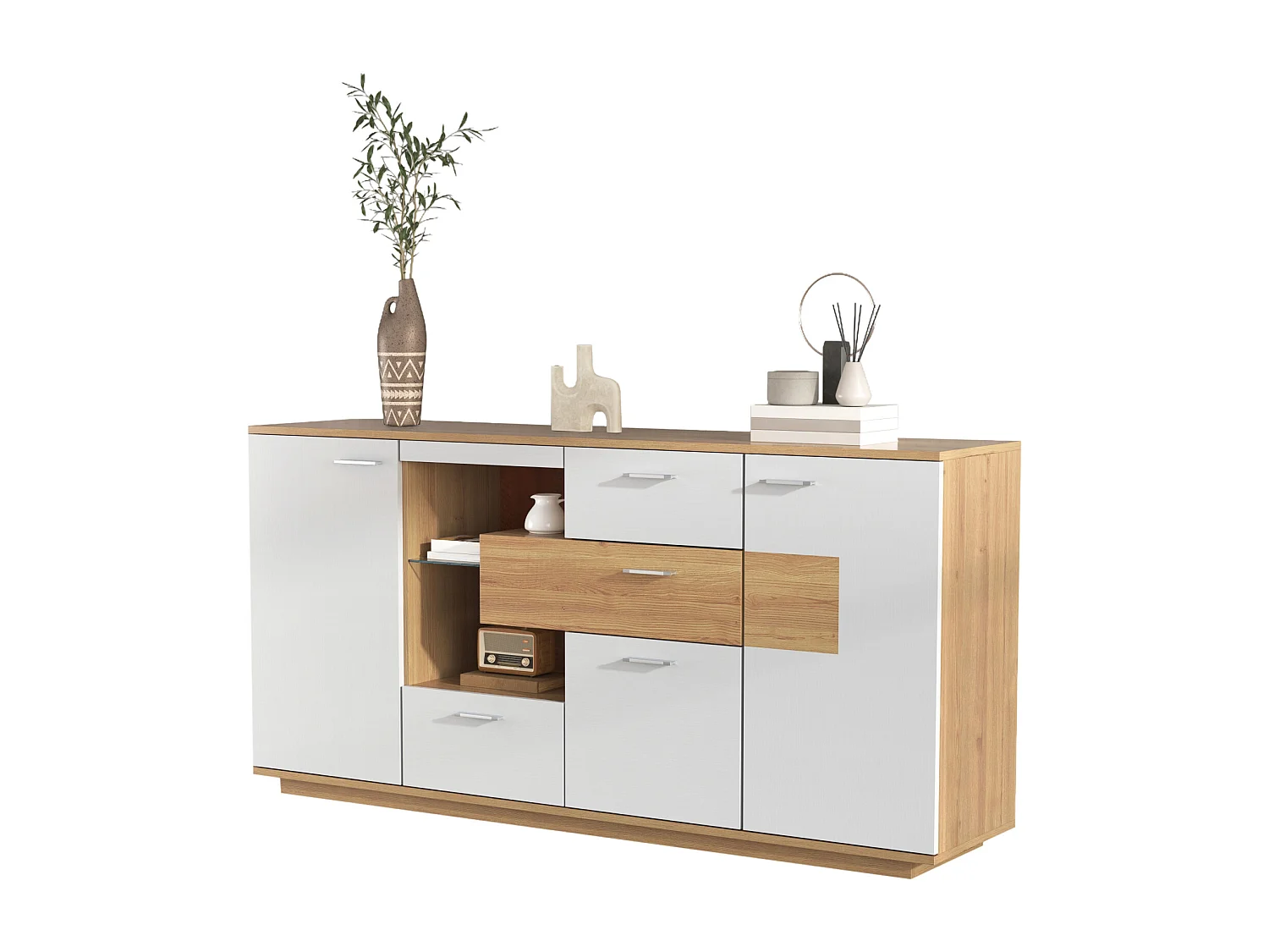 Buffet moderne avec LED, 2 portes et 4 tiroirs, design bois et blanc, 160x40x77 cm