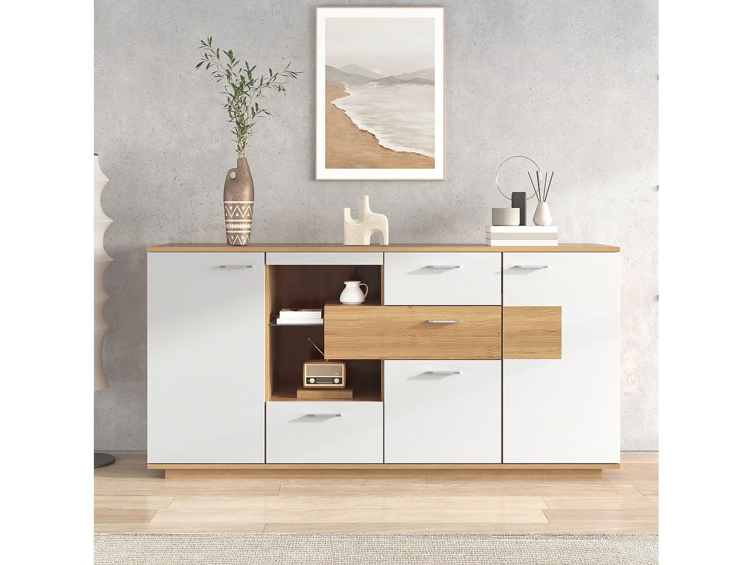 Buffet moderne avec LED, 2 portes et 4 tiroirs, design bois et blanc, 160x40x77 cm