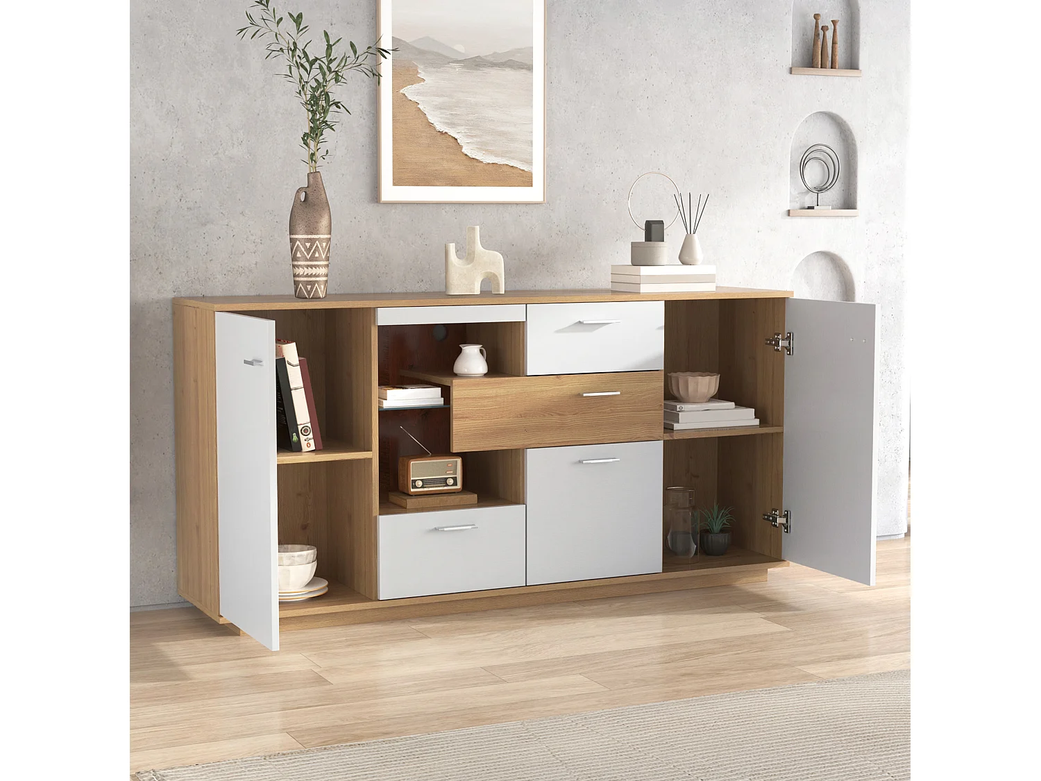 Buffet moderne avec LED, 2 portes et 4 tiroirs, design bois et blanc, 160x40x77 cm