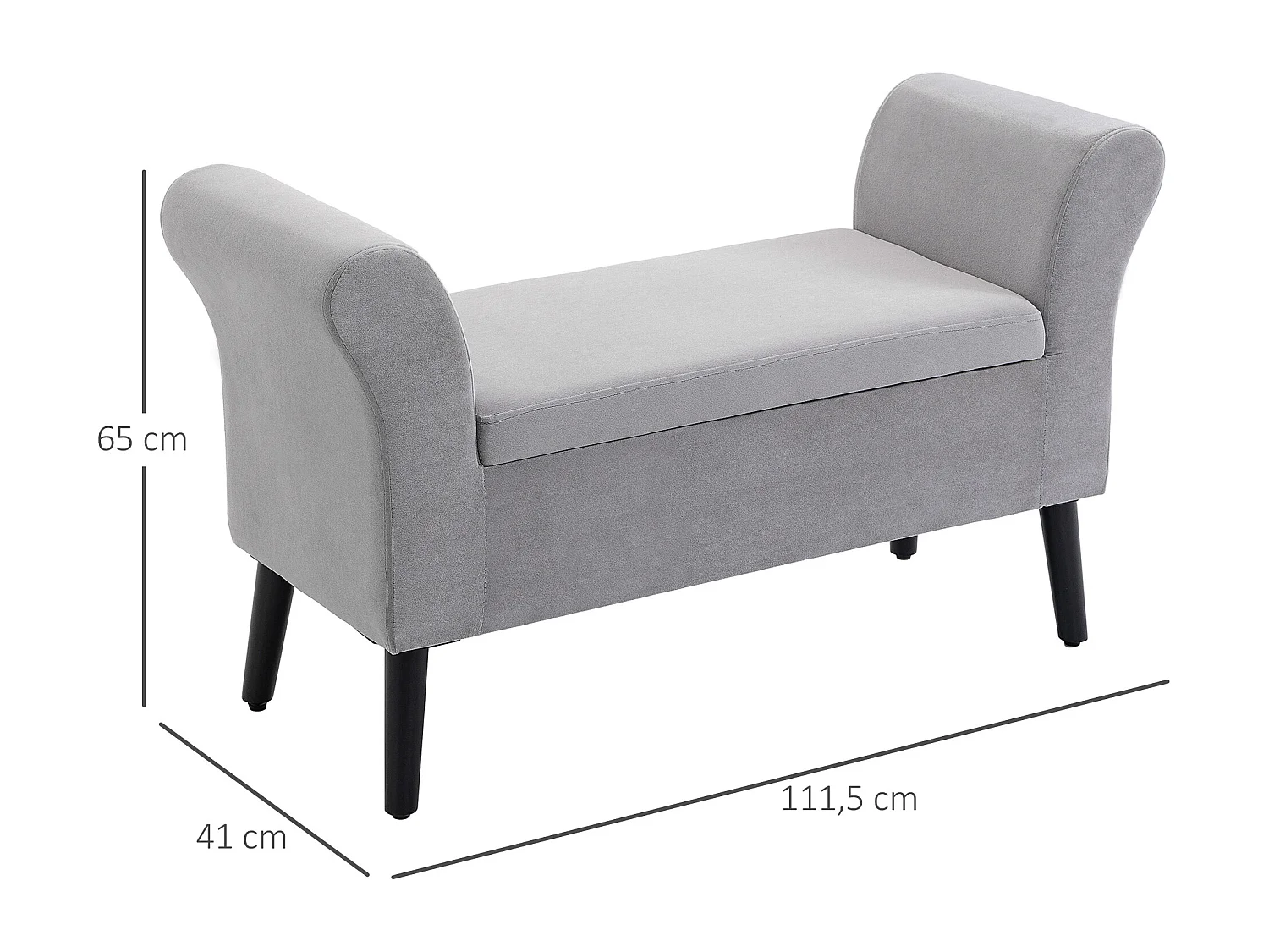 Banc de rangement moderne, tissu velours polyester, gris clair, avec accoudoirs et compartiment de stockage (111.5x41x65cm)