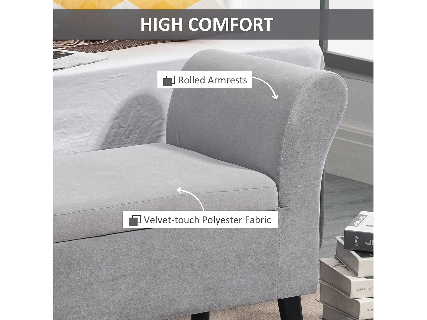 Banc de rangement moderne, tissu velours polyester, gris clair, avec accoudoirs et compartiment de stockage (111.5x41x65cm)
