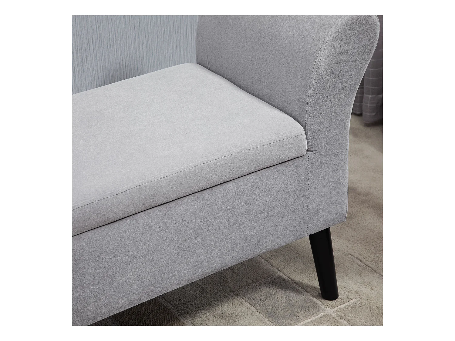 Banc de rangement moderne, tissu velours polyester, gris clair, avec accoudoirs et compartiment de stockage (111.5x41x65cm)