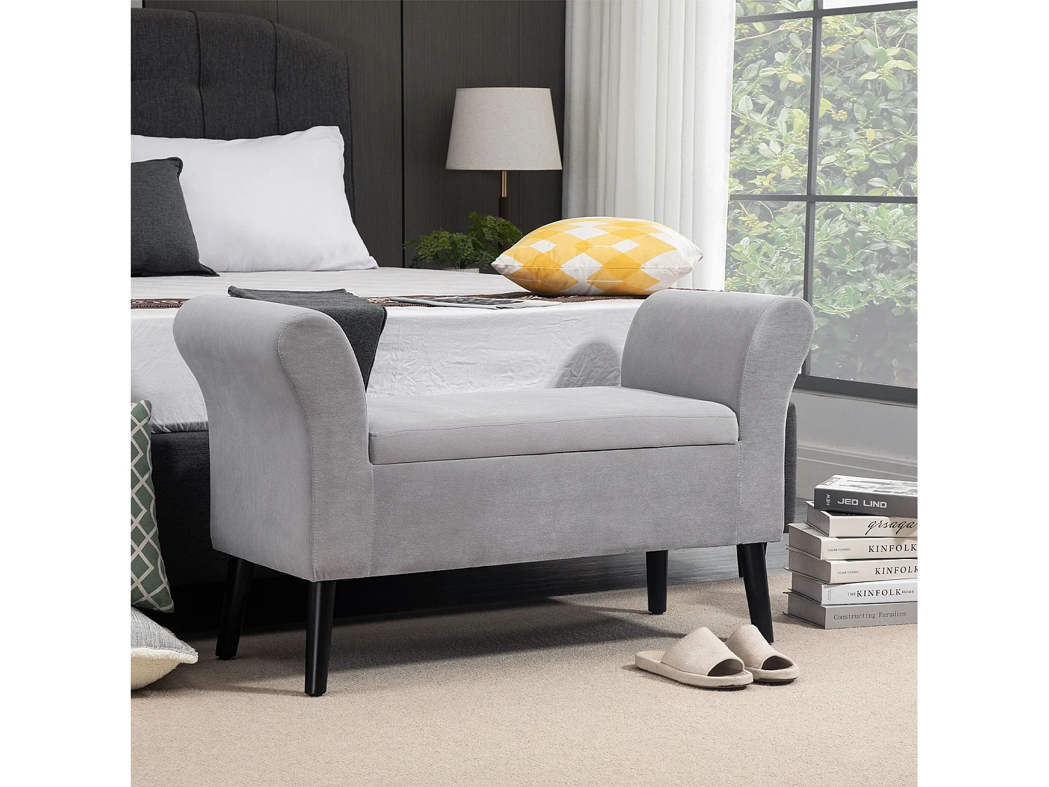Banc de rangement moderne, tissu velours polyester, gris clair, avec accoudoirs et compartiment de stockage (111.5x41x65cm)