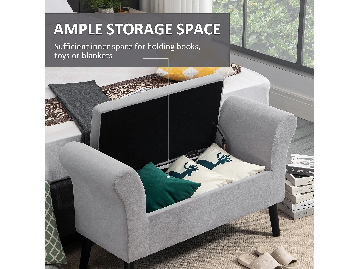 Banc de rangement moderne, tissu velours polyester, gris clair, avec accoudoirs et compartiment de stockage (111.5x41x65cm)