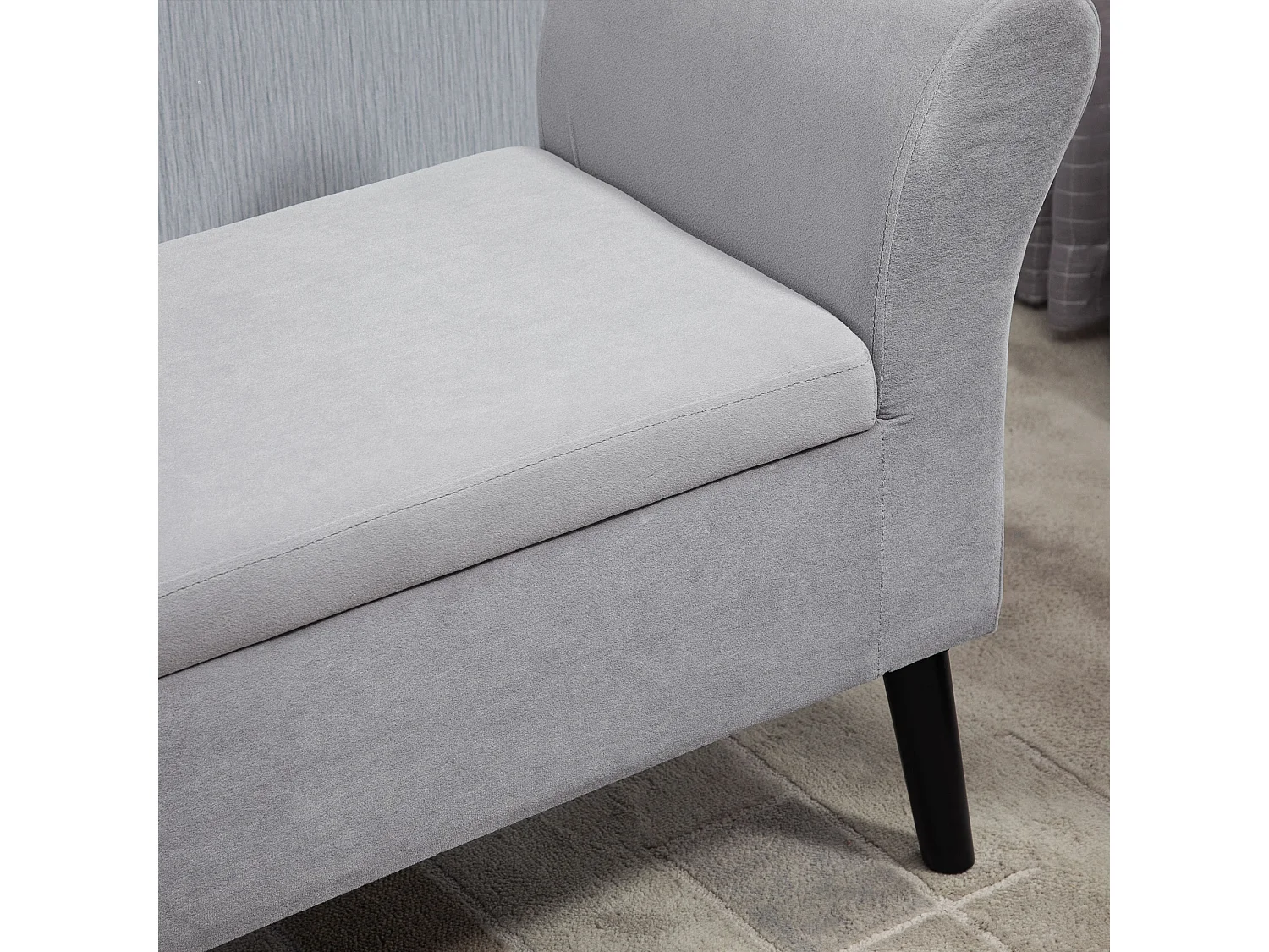 Banc de rangement moderne, tissu velours polyester, gris clair, avec accoudoirs et compartiment de stockage (111.5x41x65cm)