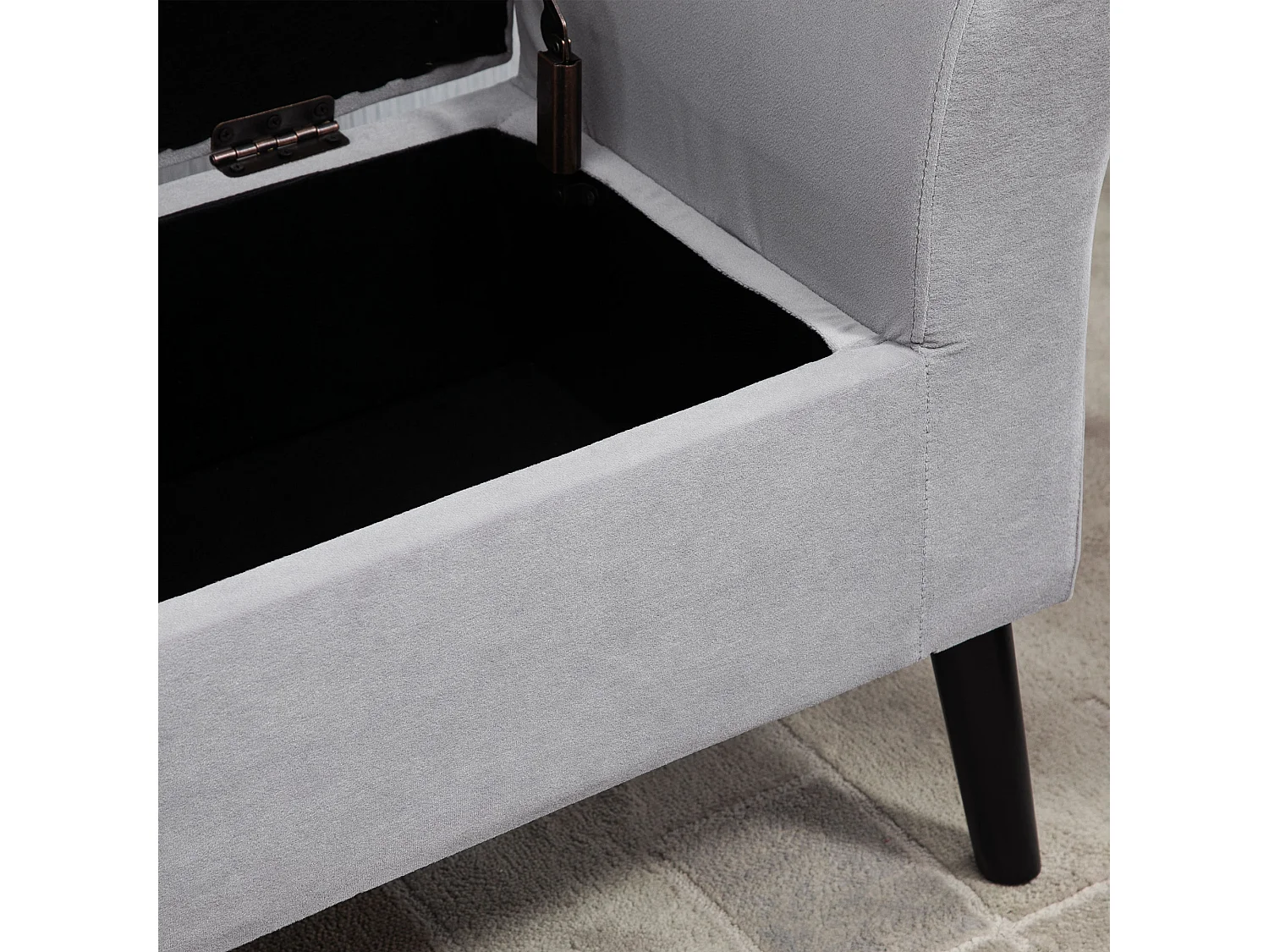 Banc de rangement moderne, tissu velours polyester, gris clair, avec accoudoirs et compartiment de stockage (111.5x41x65cm)