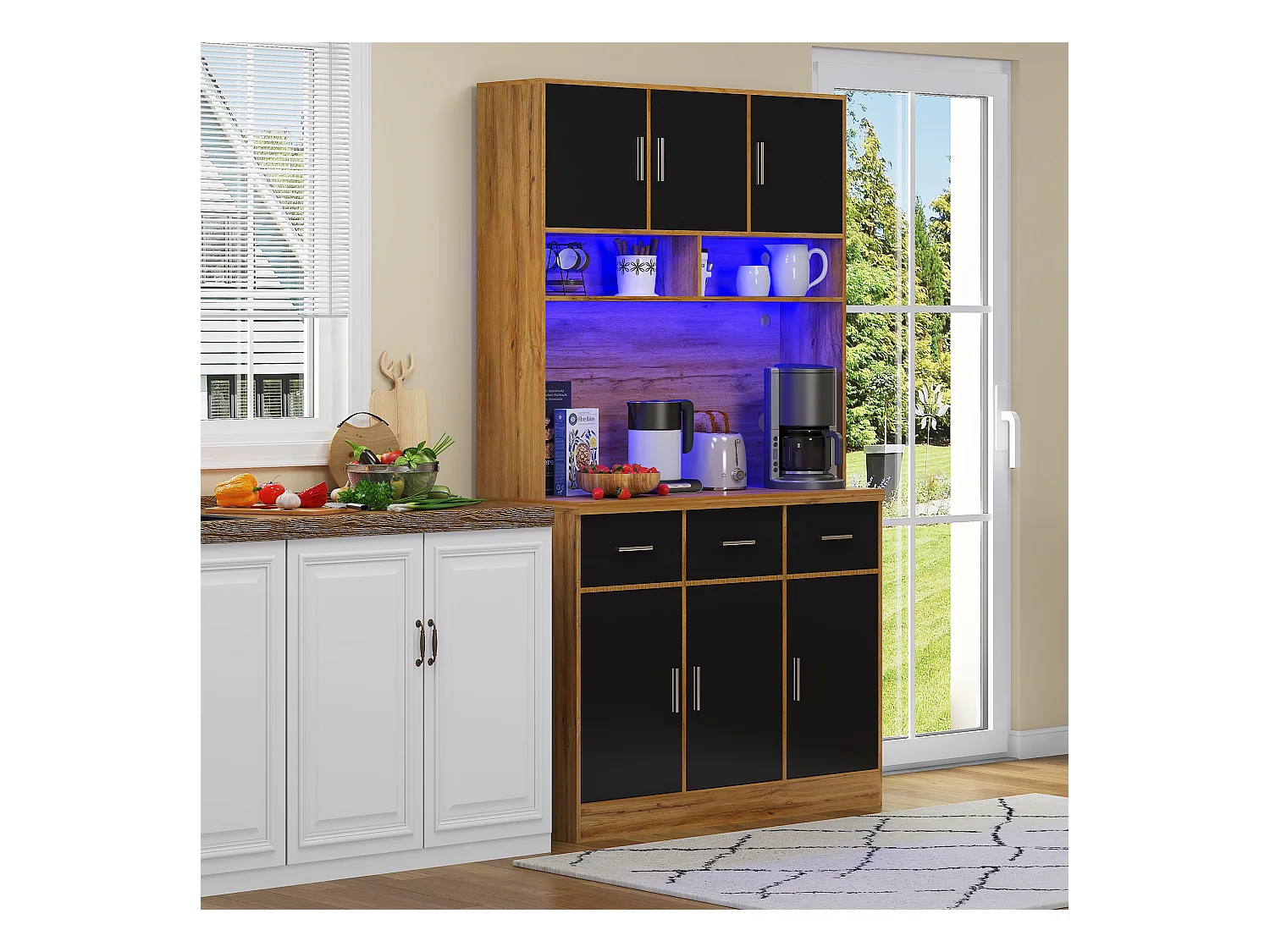 Buffet multifonctionnel avec LED, 2 portes, étagères réglables, prises et gestion de câbles, MDF, blanc et naturel (100x40x180 cm)