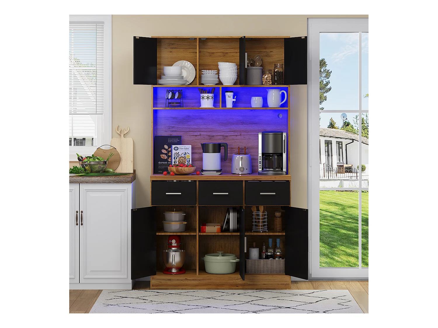 Buffet multifonctionnel avec LED, 2 portes, étagères réglables, prises et gestion de câbles, MDF, blanc et naturel (100x40x180 cm)