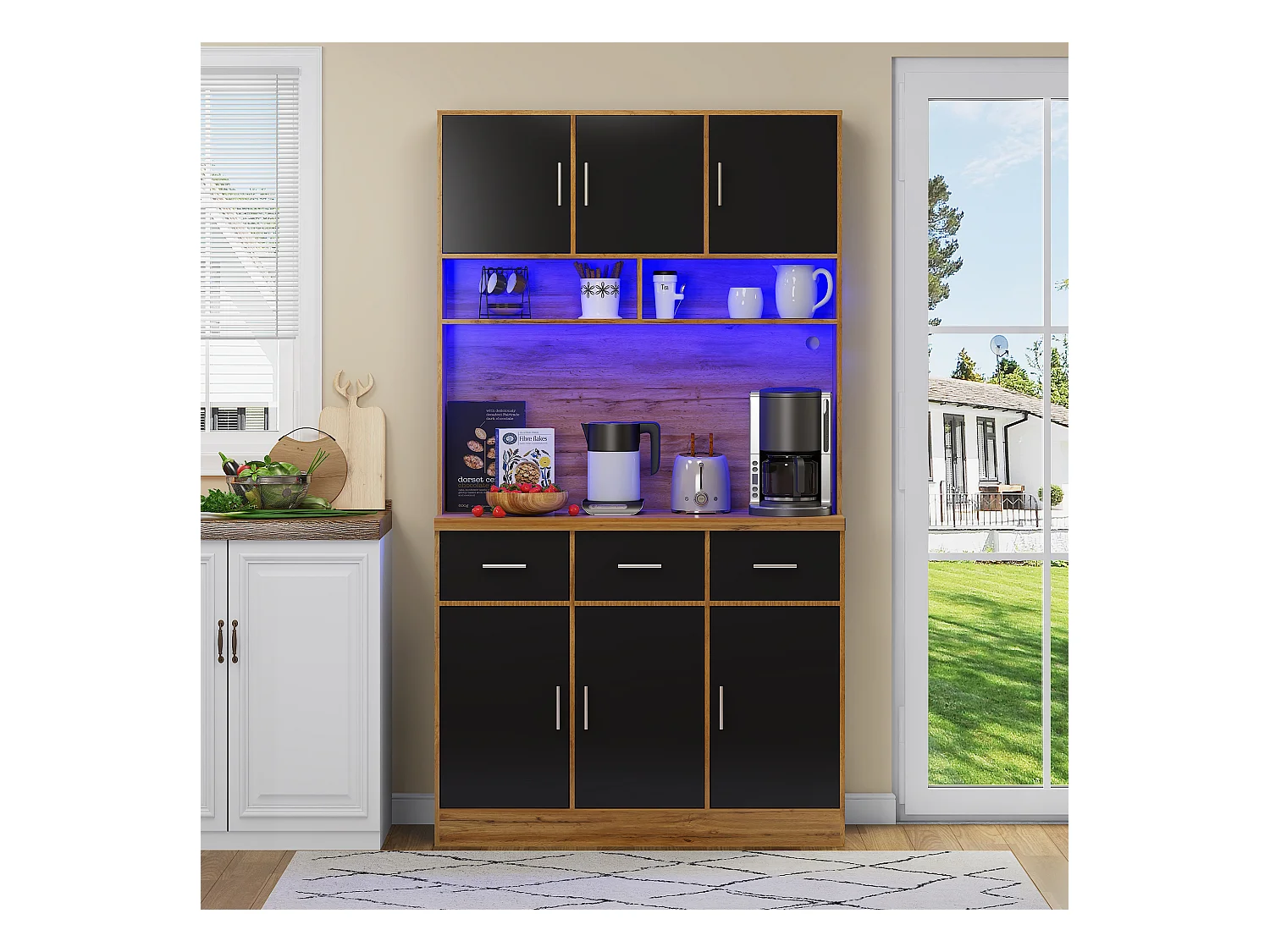 Buffet multifonctionnel avec LED, 2 portes, étagères réglables, prises et gestion de câbles, MDF, blanc et naturel (100x40x180 cm)