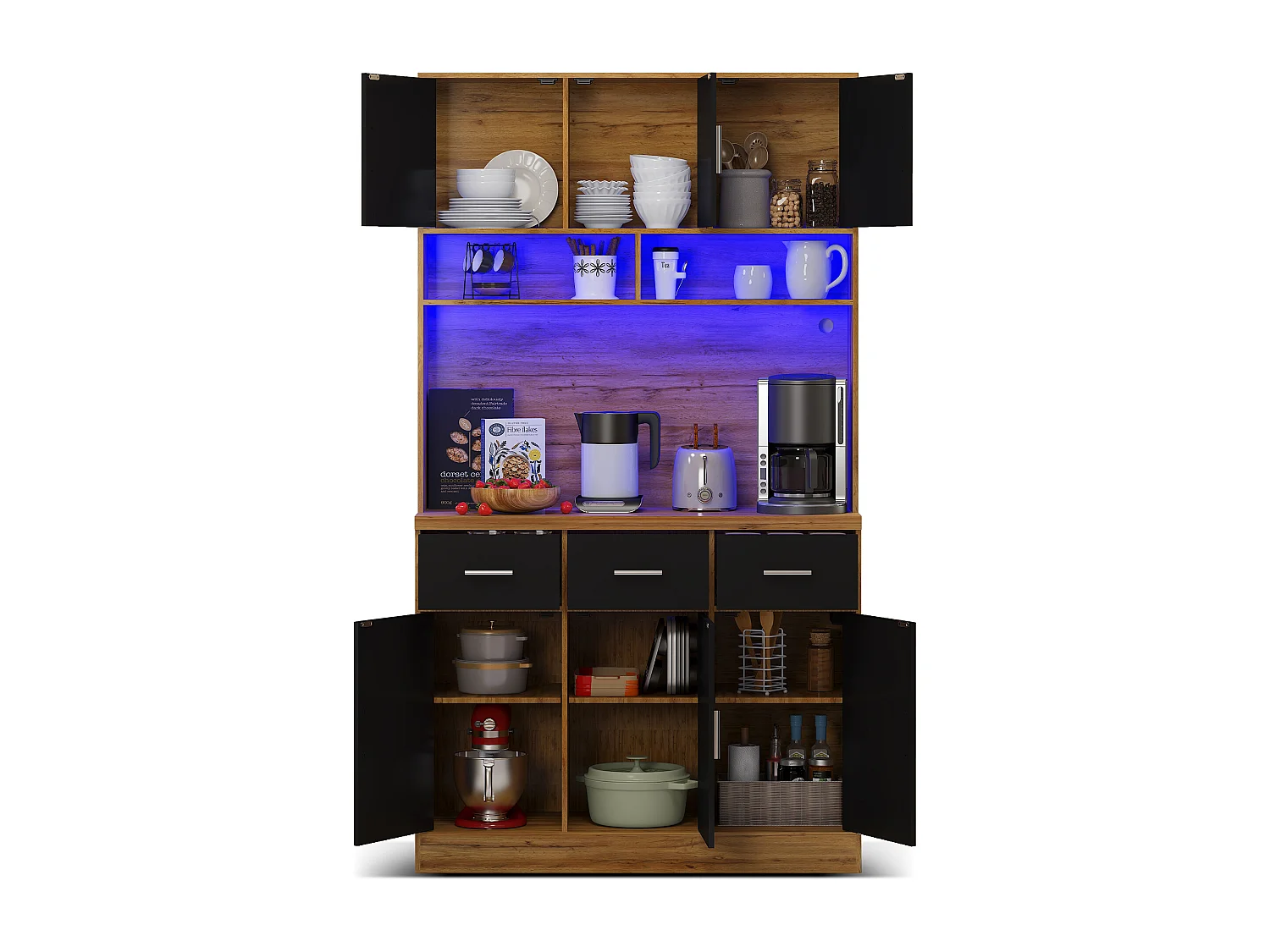 Multifunctioneel dressoir met LED, 2 deuren, verstelbare planken, stopcontacten en kabelmanagement, MDF, wit en naturel (100x40x180 cm)