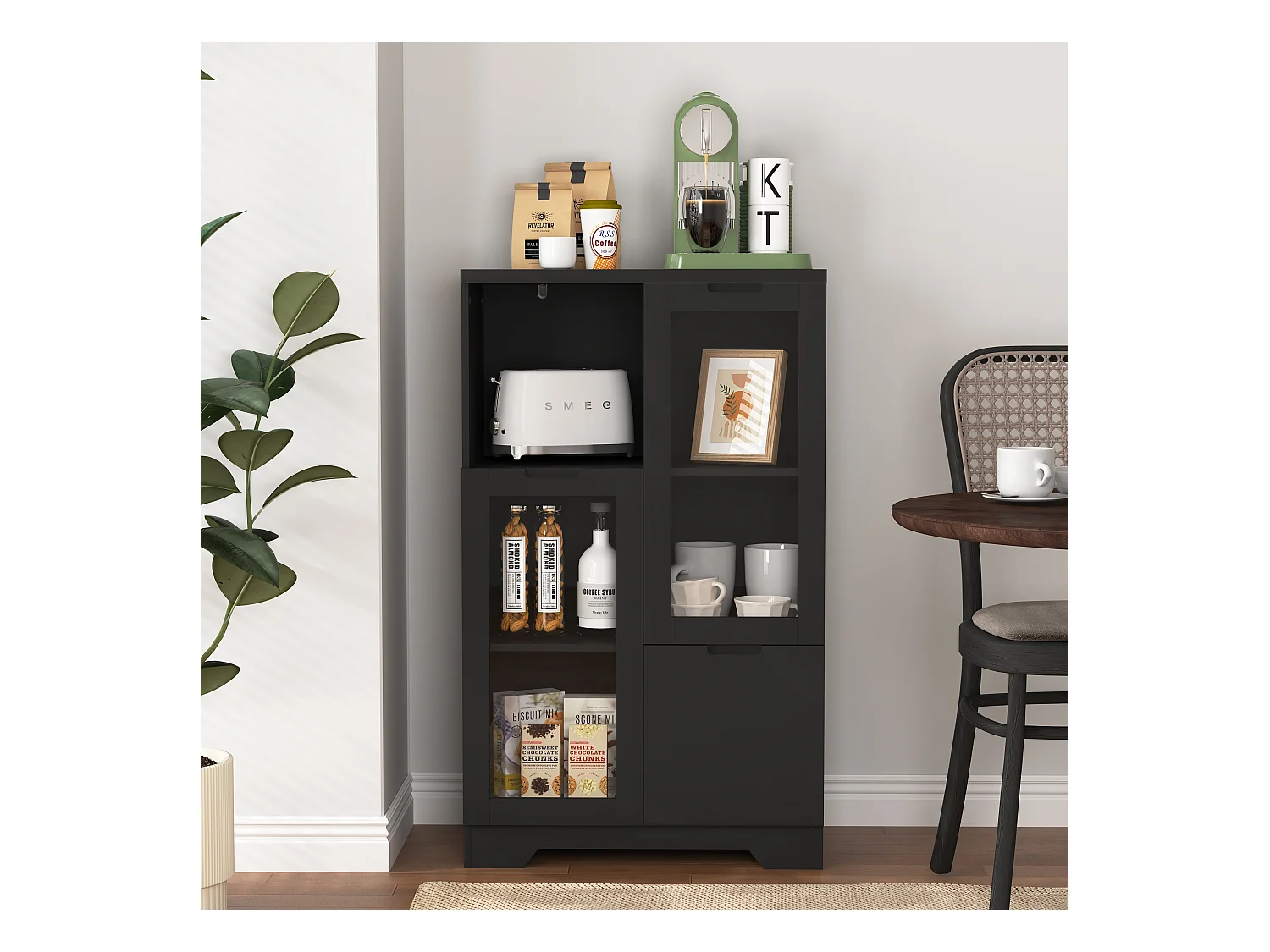 Armoire en MDF avec portes en verre et tiroir, espace de rangement ouvert, noir (65x30x100 cm)