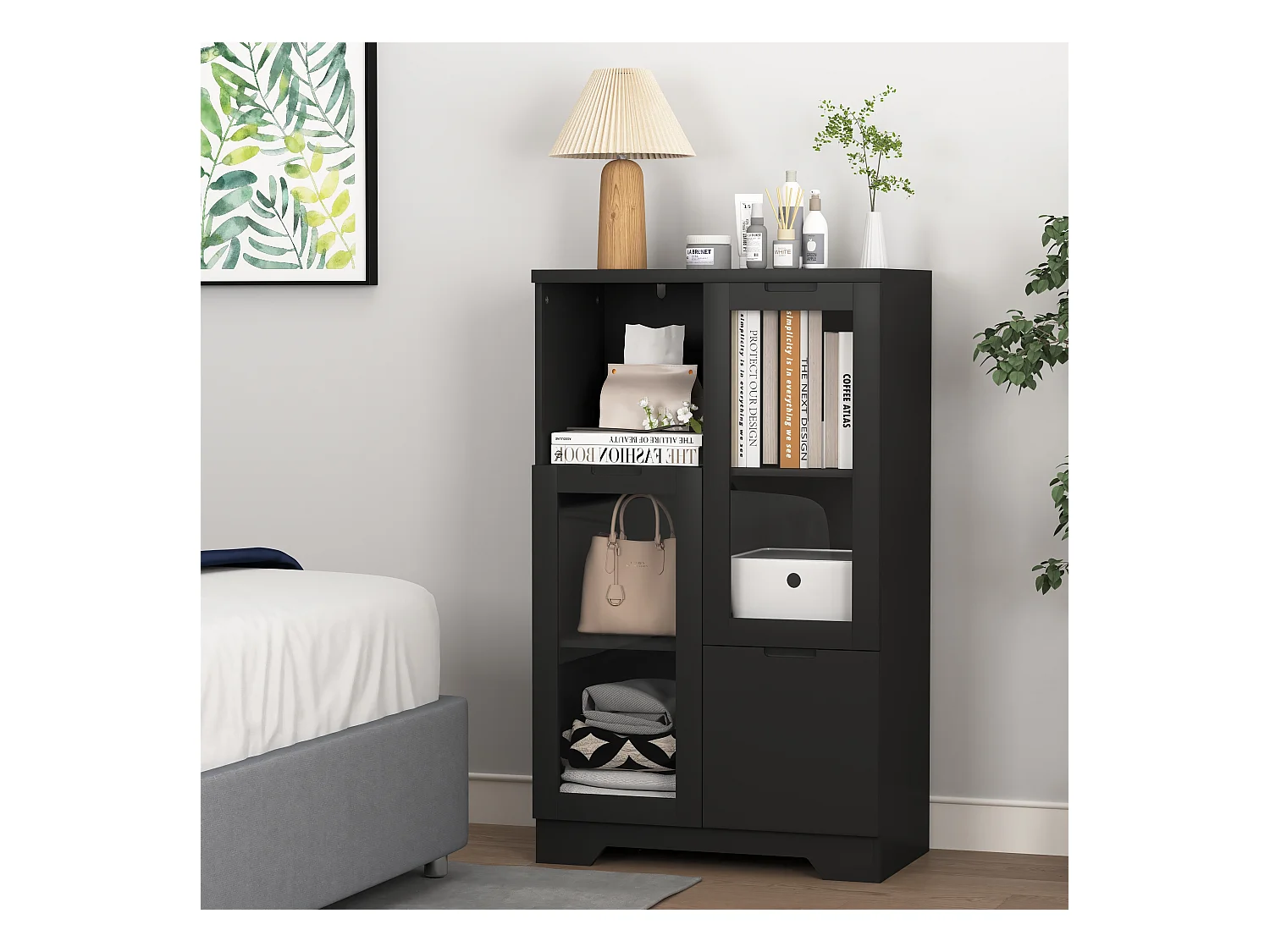 Armoire en MDF avec portes en verre et tiroir, espace de rangement ouvert, noir (65x30x100 cm)