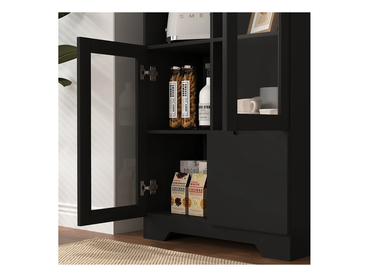 Armoire en MDF avec portes en verre et tiroir, espace de rangement ouvert, noir (65x30x100 cm)