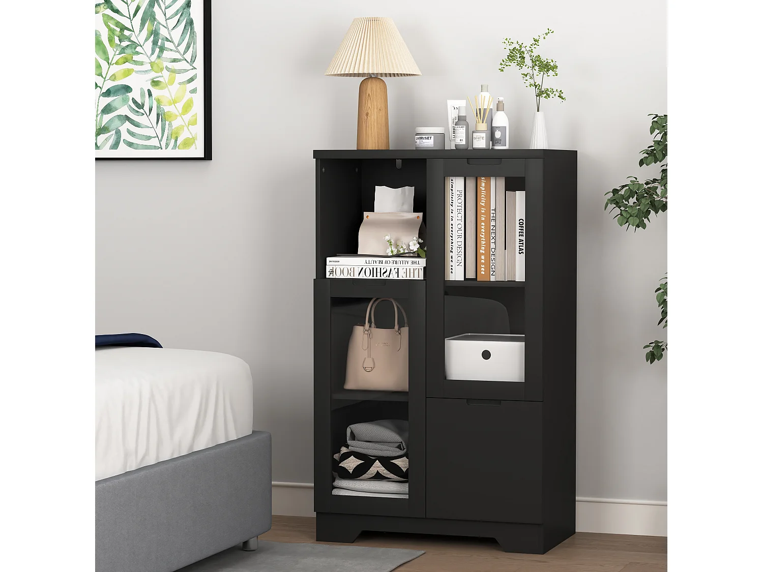 Armoire en MDF avec portes en verre et tiroir, espace de rangement ouvert, noir (65x30x100 cm)