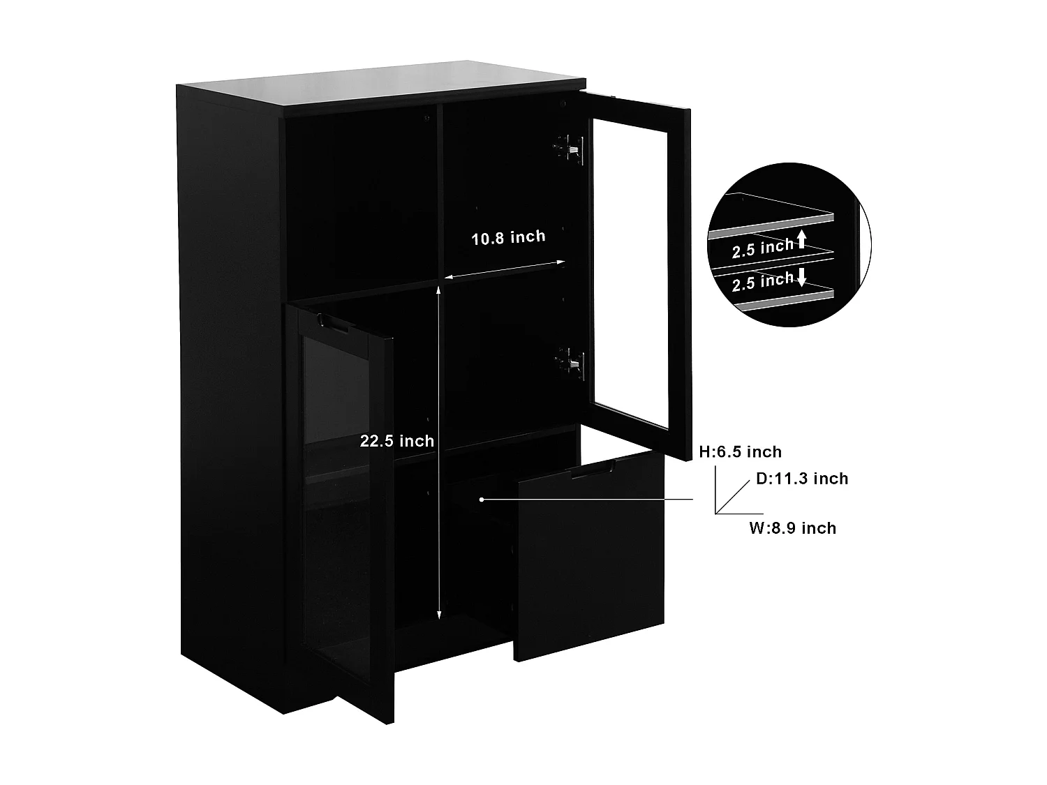 Armoire en MDF avec portes en verre et tiroir, espace de rangement ouvert, noir (65x30x100 cm)