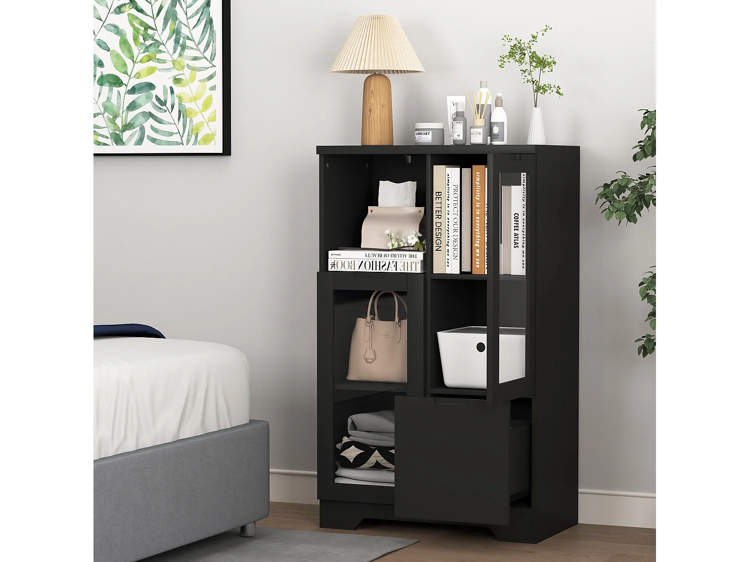 Armoire en MDF avec portes en verre et tiroir, espace de rangement ouvert, noir (65x30x100 cm)