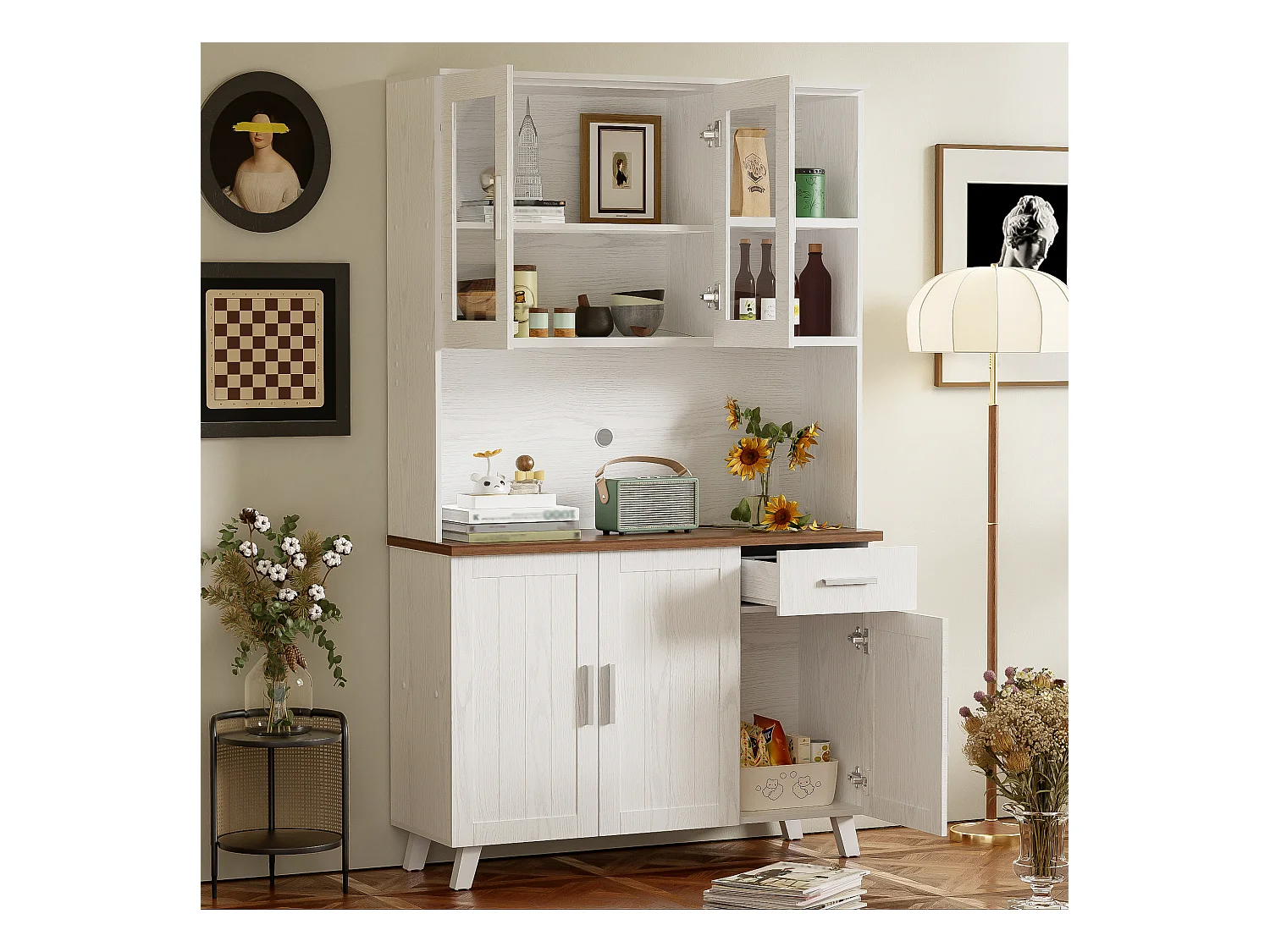 Buffet Haut à 5 Compartiments, Commode Bois Design Rustique, (114x40x190 cm)