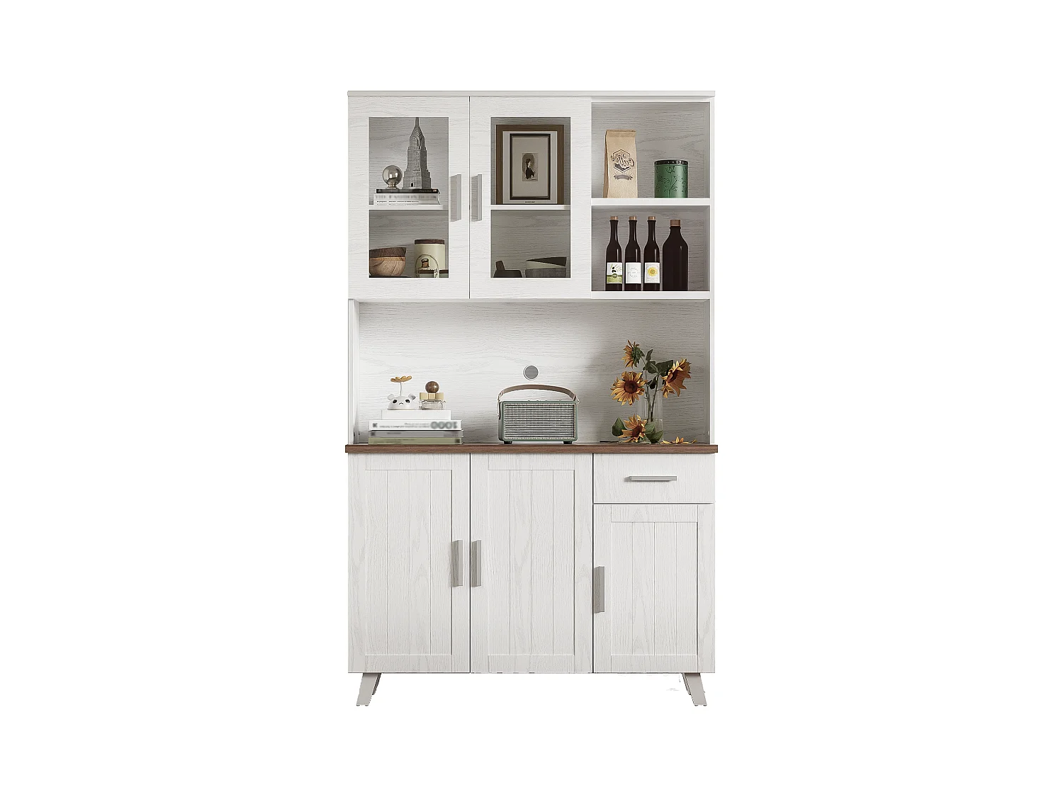Buffet Haut à 5 Compartiments, Commode Bois Design Rustique, (114x40x190 cm)