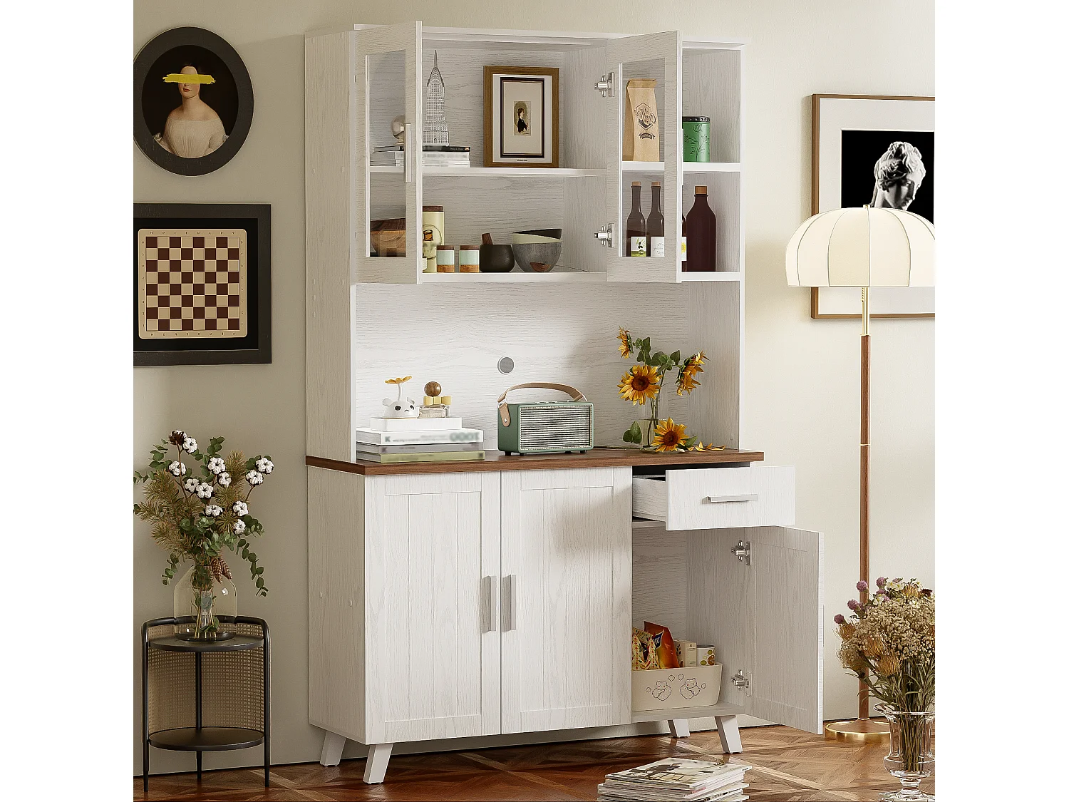 Credenza a 5 scomparti, design rustico, legno, (114x40x190 cm)