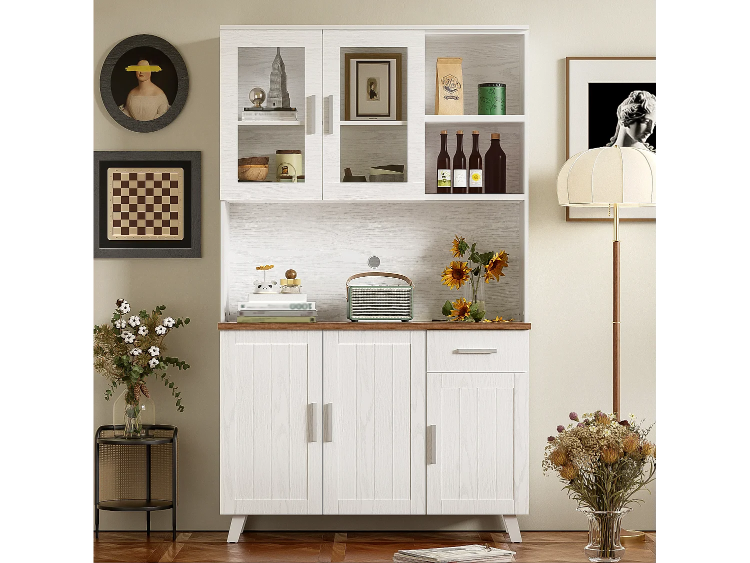 Buffet Haut à 5 Compartiments, Commode Bois Design Rustique, (114x40x190 cm)