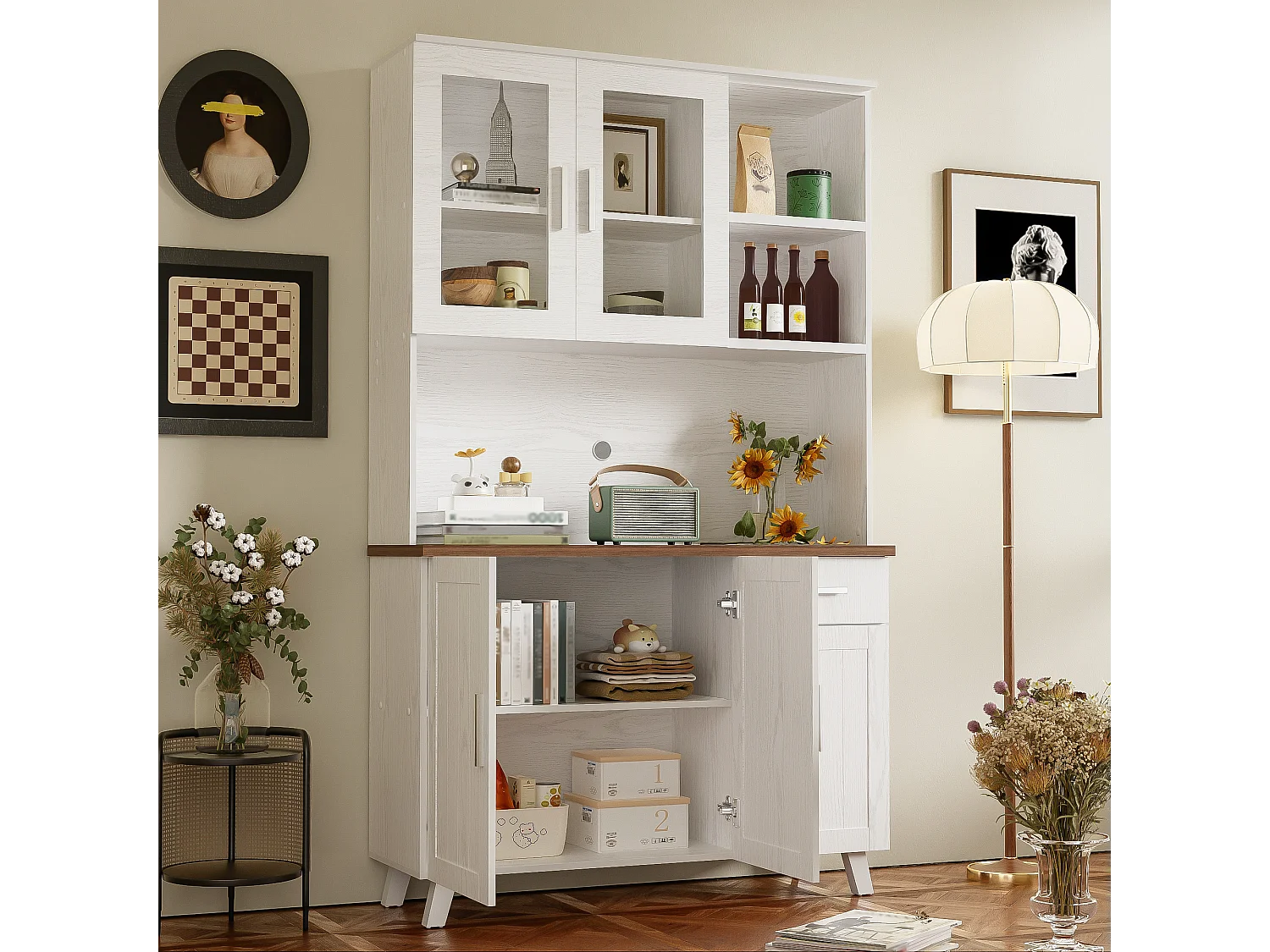 Buffet Haut à 5 Compartiments, Commode Bois Design Rustique, (114x40x190 cm)