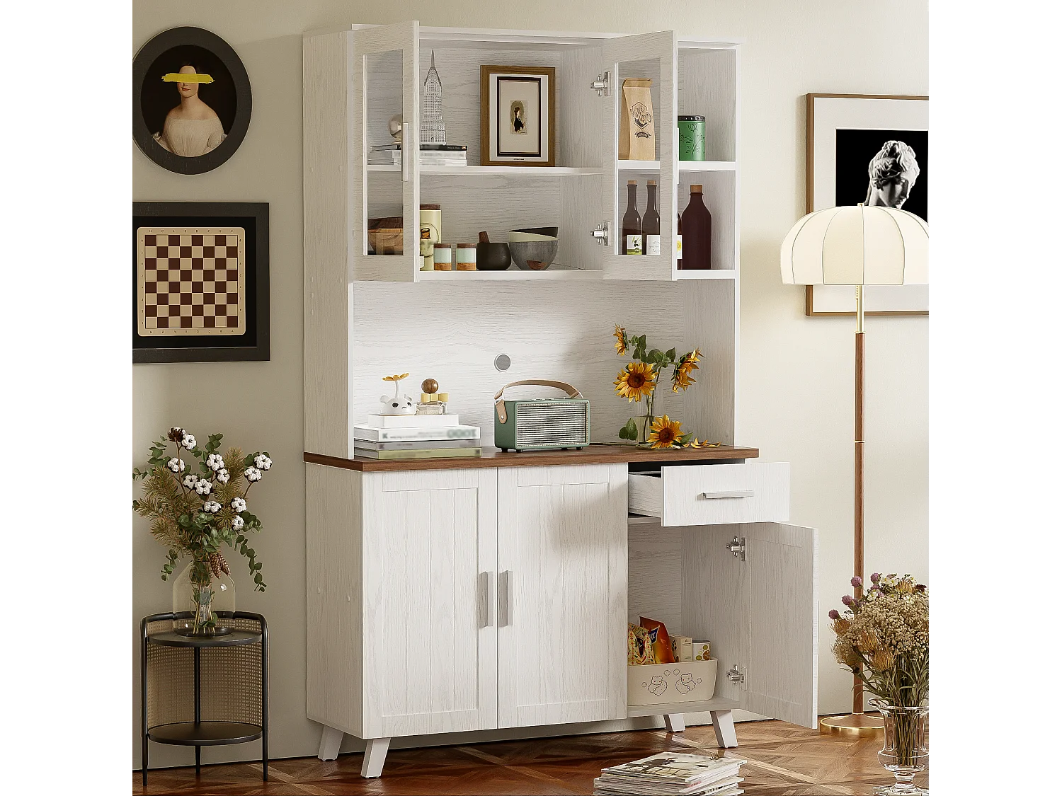 Buffet Haut à 5 Compartiments, Commode Bois Design Rustique, (114x40x190 cm)