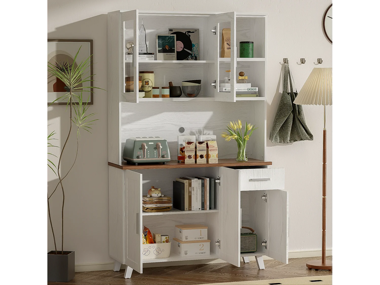 Buffet Haut à 5 Compartiments, Commode Bois Design Rustique, (114x40x190 cm)