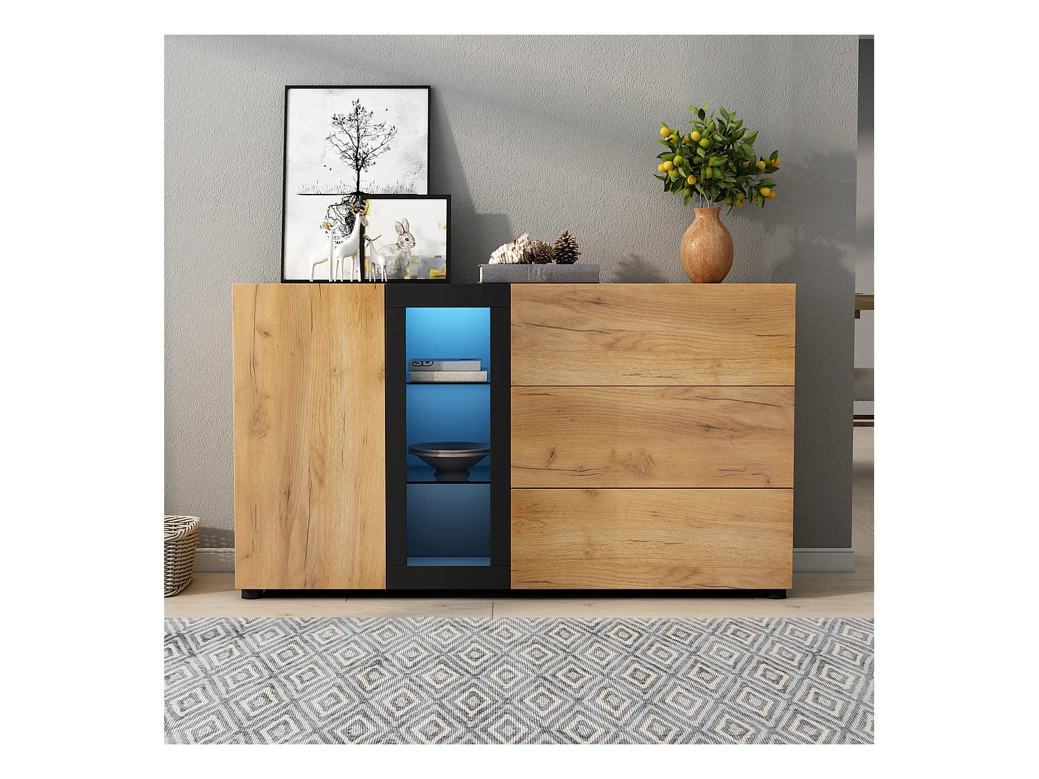 Buffet moderne, design minimaliste, MDF, noir et brun, avec 3 tiroirs et étagères en verre (140x40x80 cm)