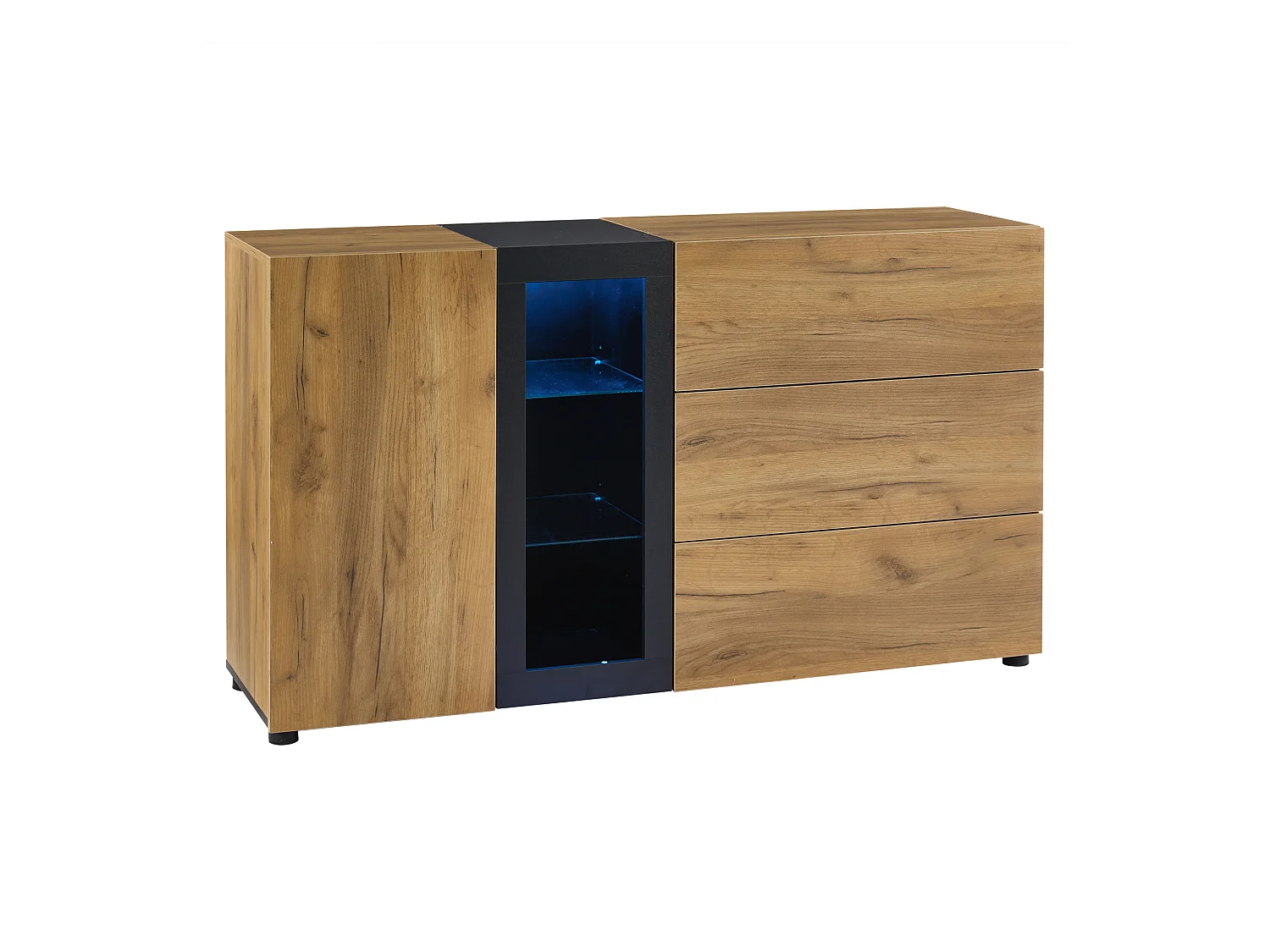 Buffet moderne, design minimaliste, MDF, noir et brun, avec 3 tiroirs et étagères en verre (140x40x80 cm)