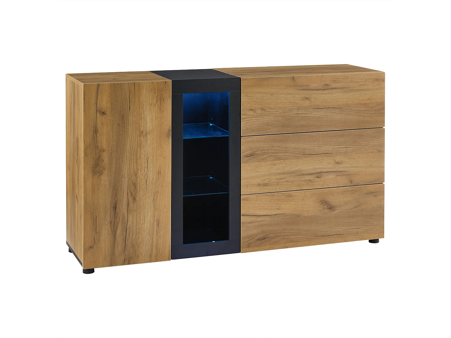 Modern dressoir, minimalistisch design, MDF, zwart en bruin, met 3 lades en glazen planken (140x40x80 cm)