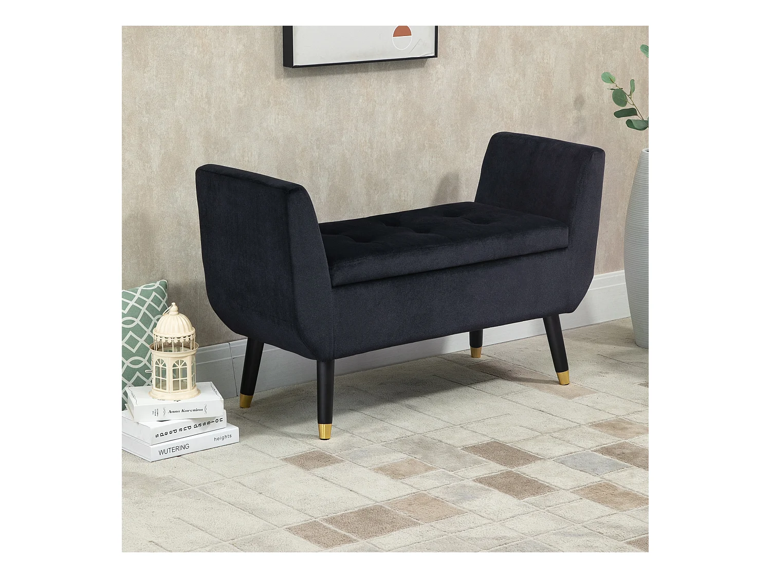 Banc avec rangement, dossier et accoudoirs, tissu velours polyester, bois de caoutchouc, noir (107x42x65 cm)