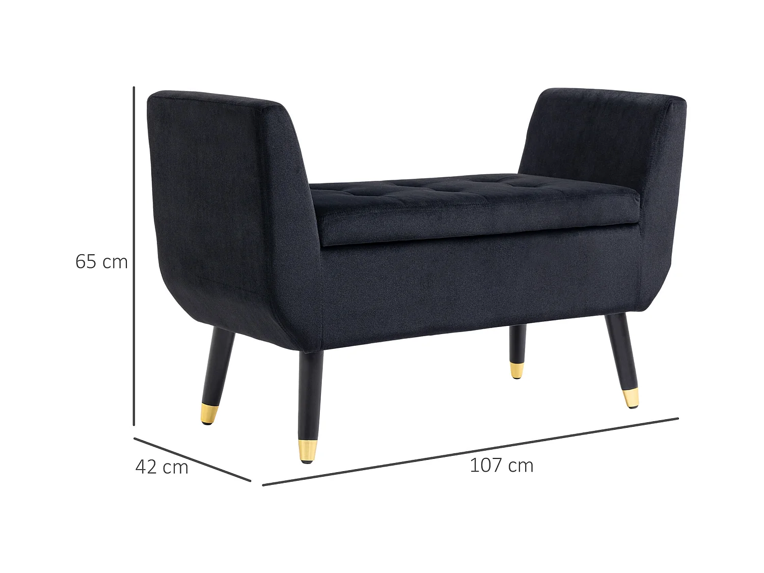 Banc avec rangement, dossier et accoudoirs, tissu velours polyester, bois de caoutchouc, noir (107x42x65 cm)
