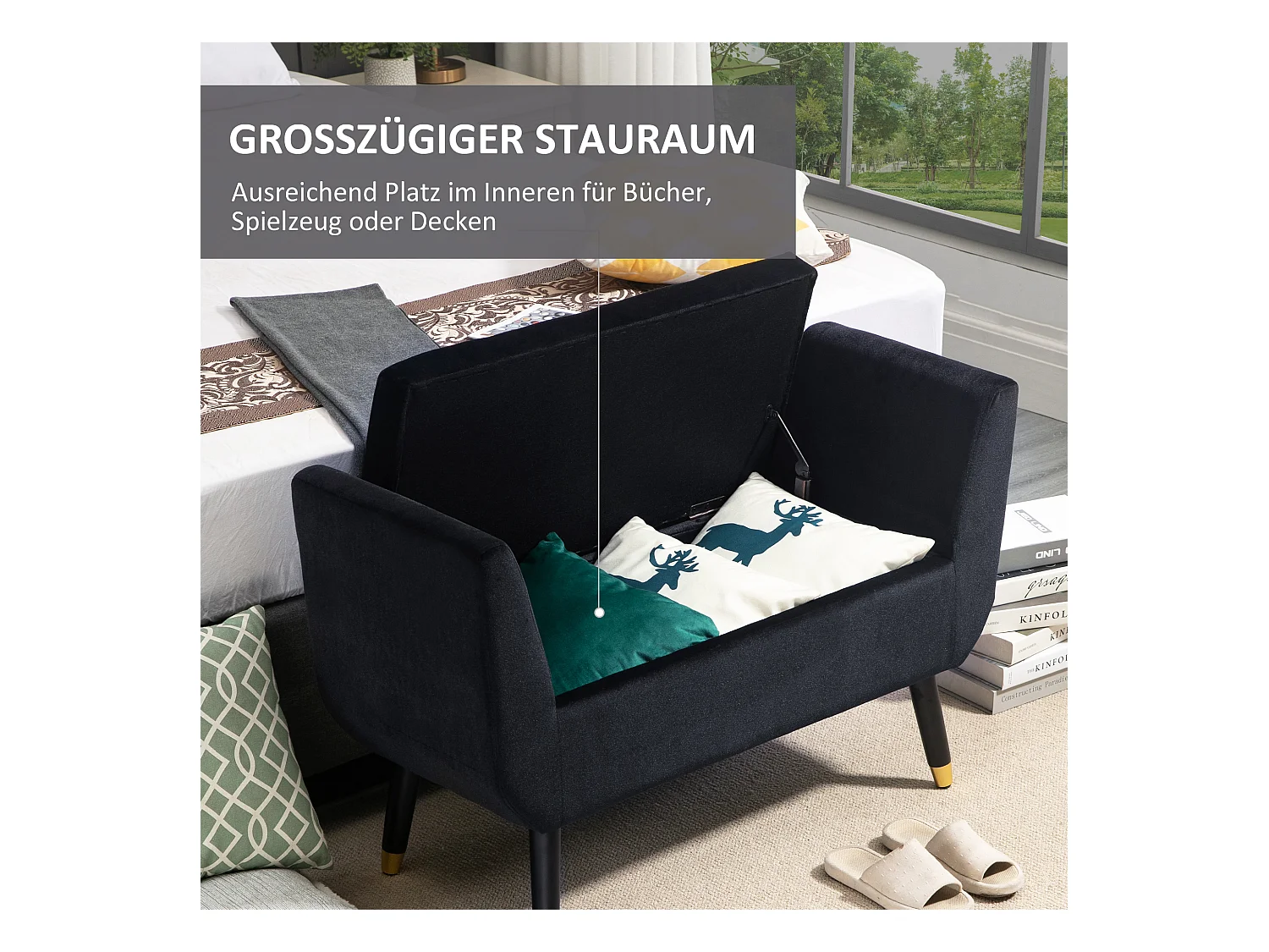 Banc avec rangement, dossier et accoudoirs, tissu velours polyester, bois de caoutchouc, noir (107x42x65 cm)