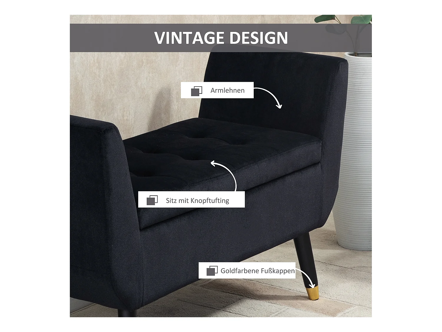 Banc avec rangement, dossier et accoudoirs, tissu velours polyester, bois de caoutchouc, noir (107x42x65 cm)