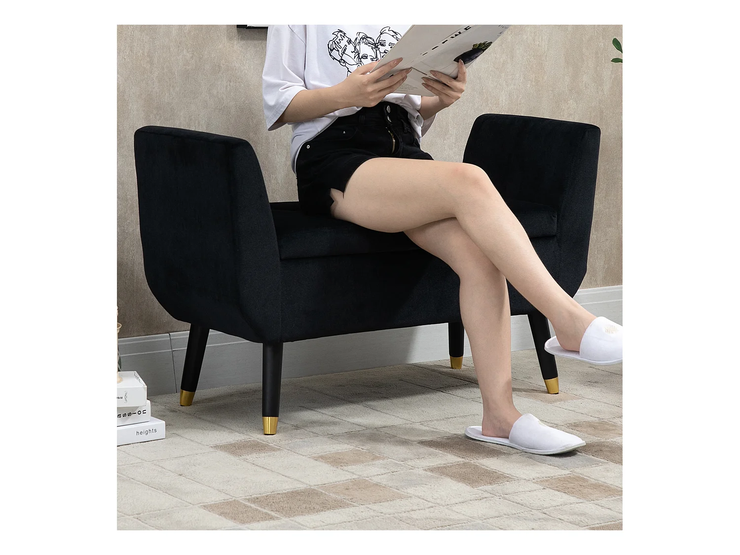 Banc avec rangement, dossier et accoudoirs, tissu velours polyester, bois de caoutchouc, noir (107x42x65 cm)