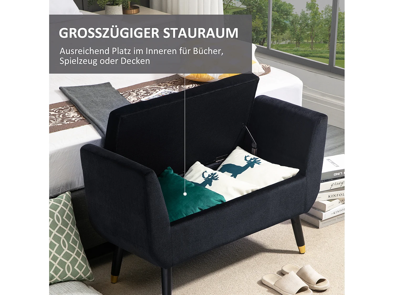 Banc avec rangement, dossier et accoudoirs, tissu velours polyester, bois de caoutchouc, noir (107x42x65 cm)