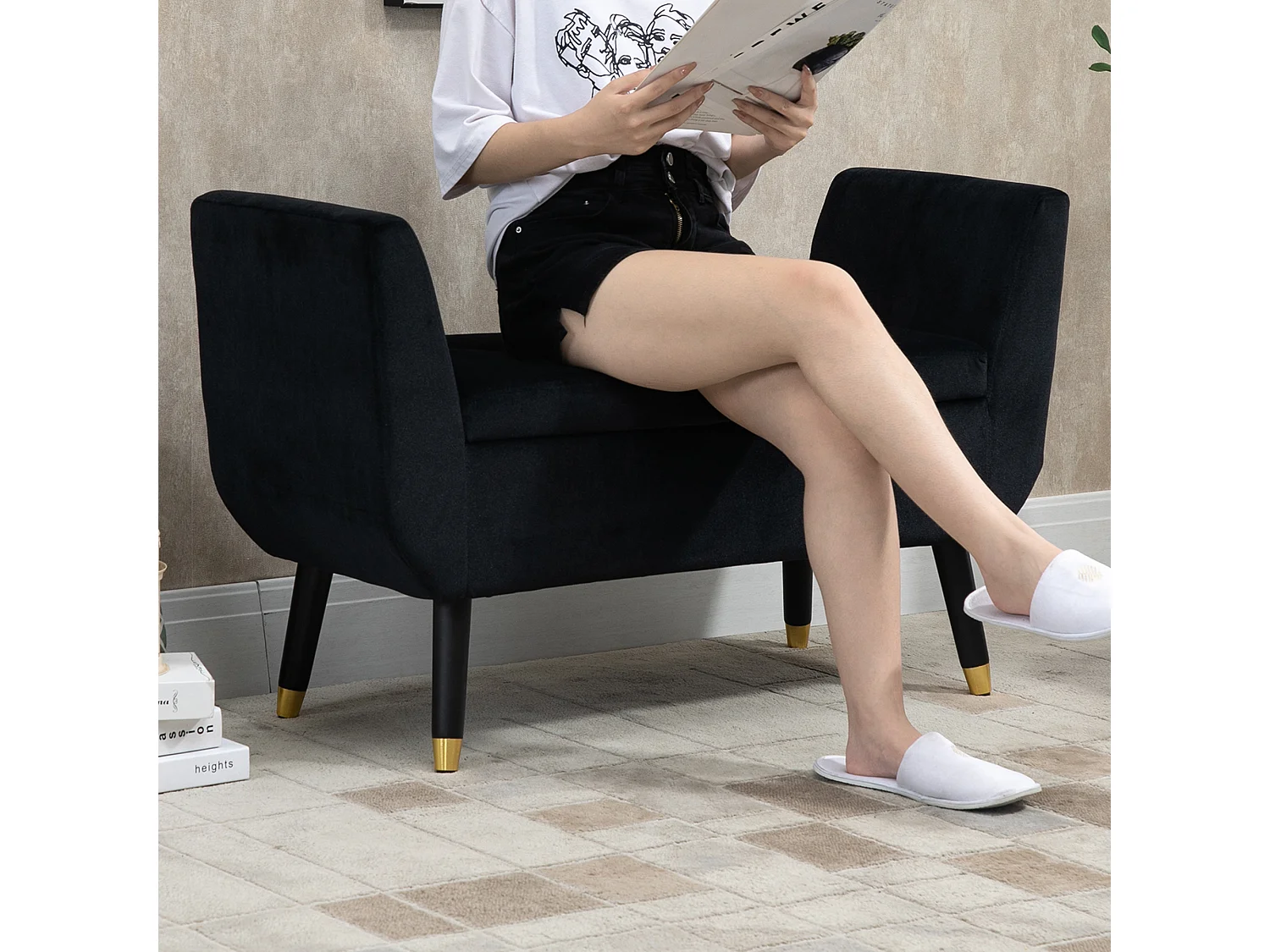 Banc avec rangement, dossier et accoudoirs, tissu velours polyester, bois de caoutchouc, noir (107x42x65 cm)