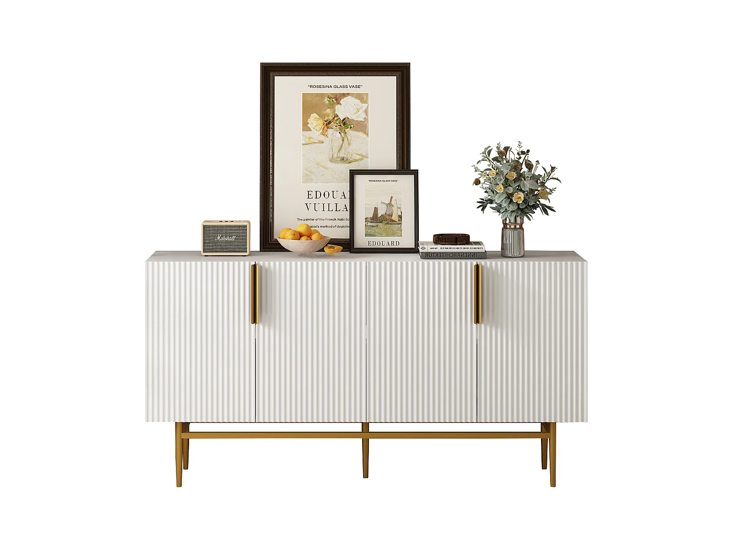 Buffet moderne élégant avec 4 portes, poignées métalliques dorées, buffet pour salle à manger, salon, chambre, couloir (blanc) (152.5x40.5x80 cm)