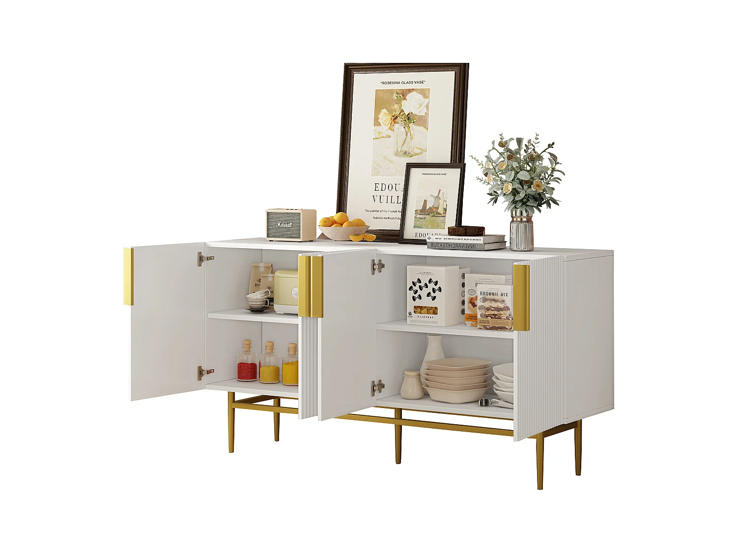 Buffet moderne élégant avec 4 portes, poignées métalliques dorées, buffet pour salle à manger, salon, chambre, couloir (blanc) (152.5x40.5x80 cm)