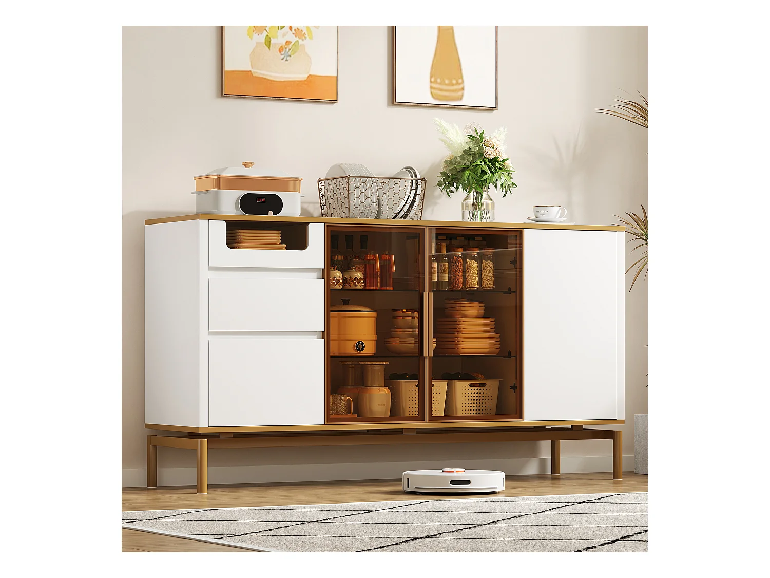 Buffet élégant 150Lx40Bx80H cm, blanc, plateau en marbre, liseré doré – Armoire de rangement moderne avec portes en verre et bois (150x40x80 cm)