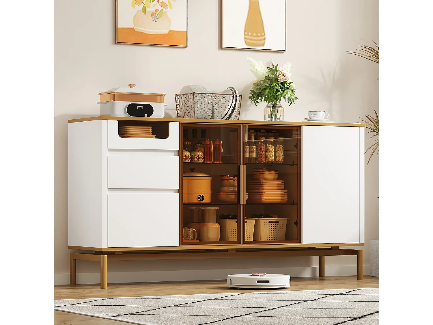 Elegant dressoir 150Lx40Bx80H cm, wit, marmeren blad, gouden afwerking - Moderne opbergkast met glazen en houten deuren (150x40x80 cm)