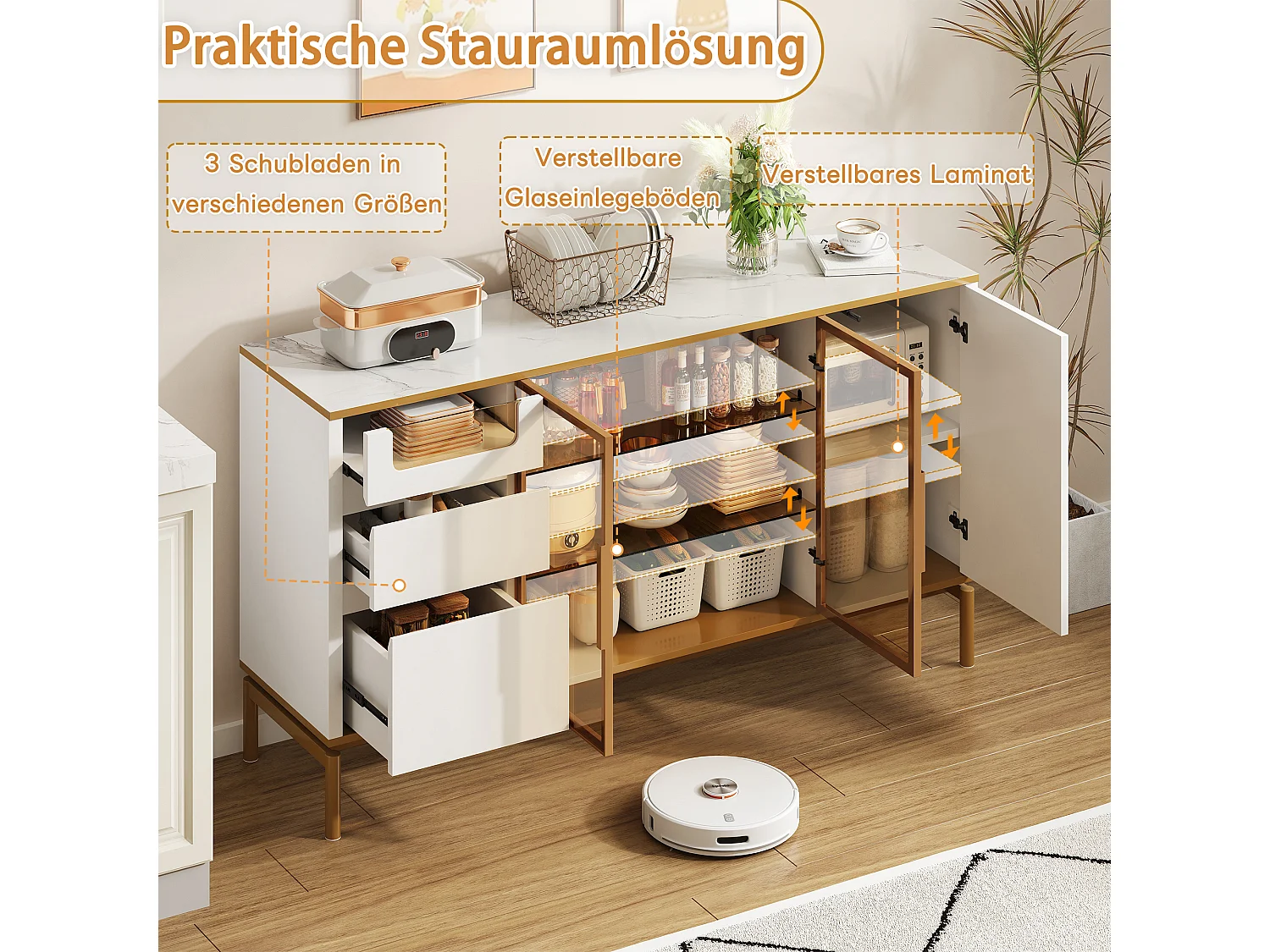 Elegant dressoir 150Lx40Bx80H cm, wit, marmeren blad, gouden afwerking - Moderne opbergkast met glazen en houten deuren (150x40x80 cm)