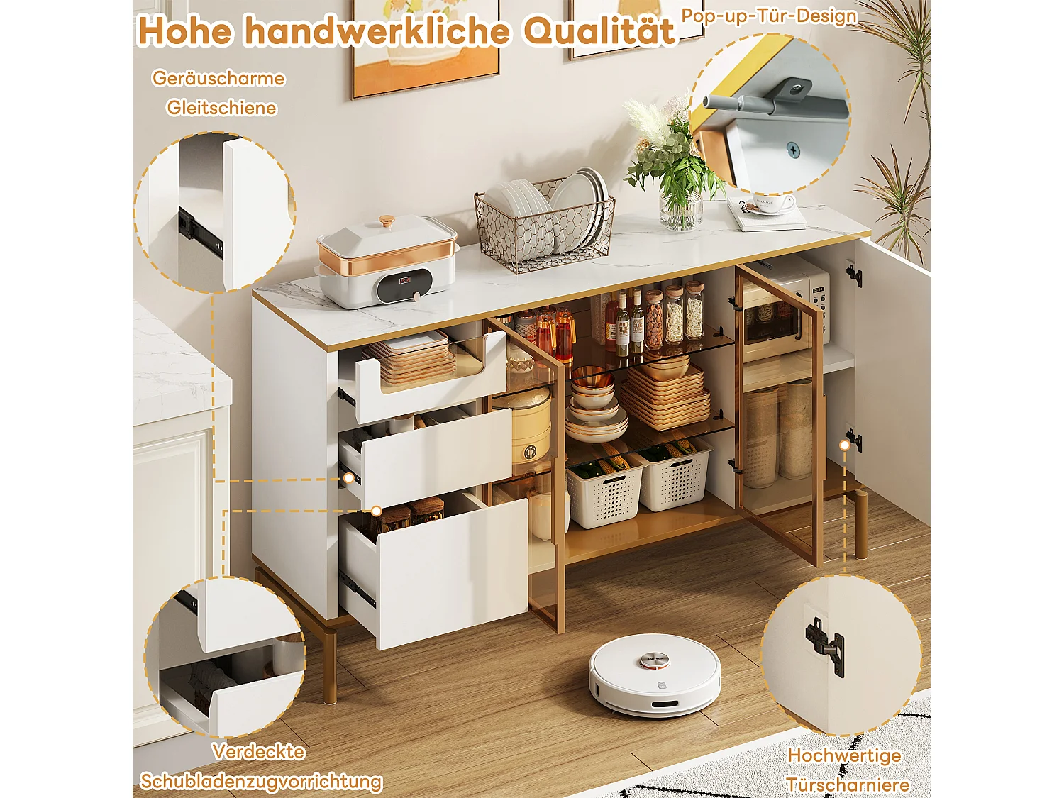 Elegant dressoir 150Lx40Bx80H cm, wit, marmeren blad, gouden afwerking - Moderne opbergkast met glazen en houten deuren (150x40x80 cm)