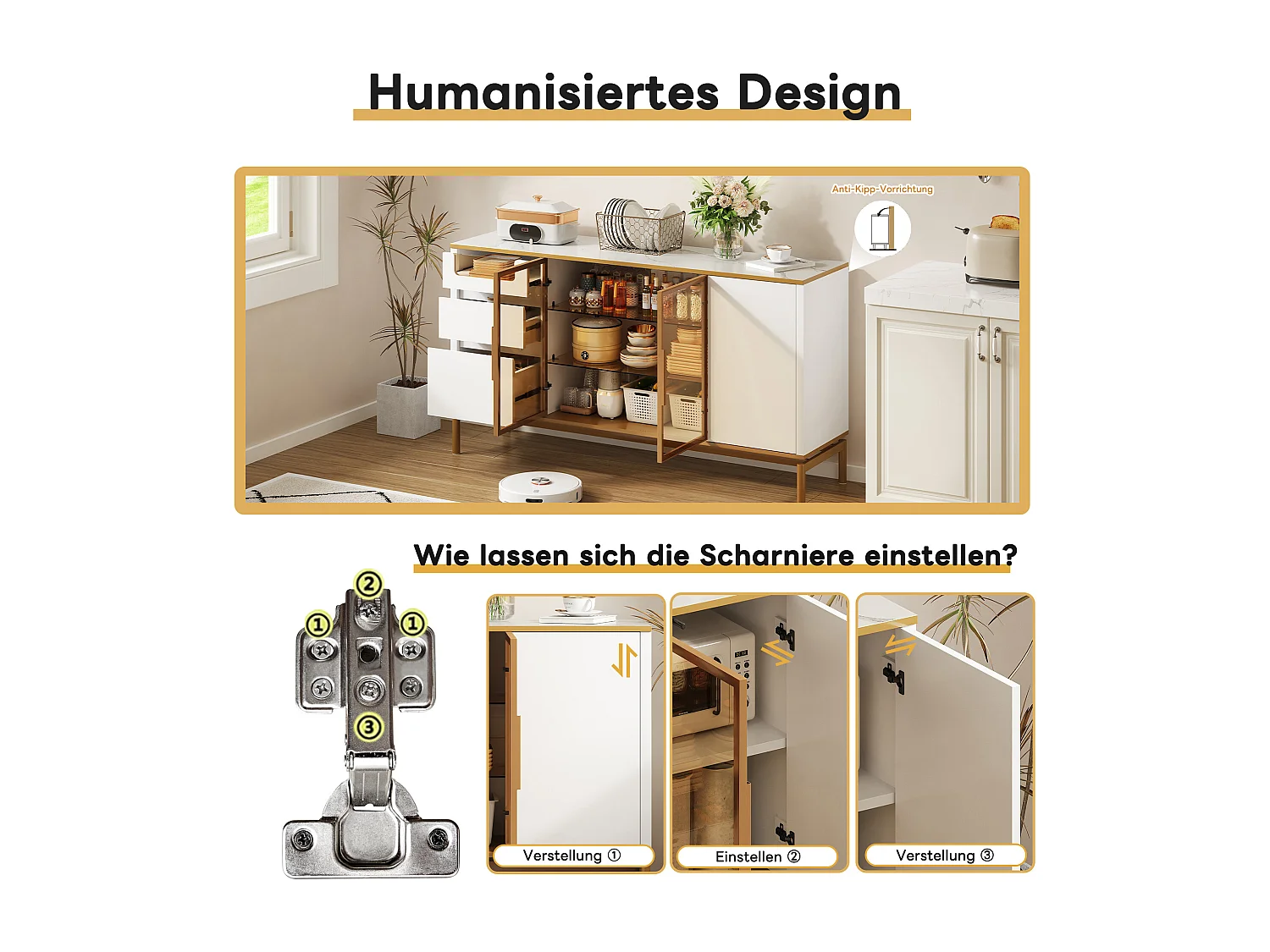 Elegant dressoir 150Lx40Bx80H cm, wit, marmeren blad, gouden afwerking - Moderne opbergkast met glazen en houten deuren (150x40x80 cm)