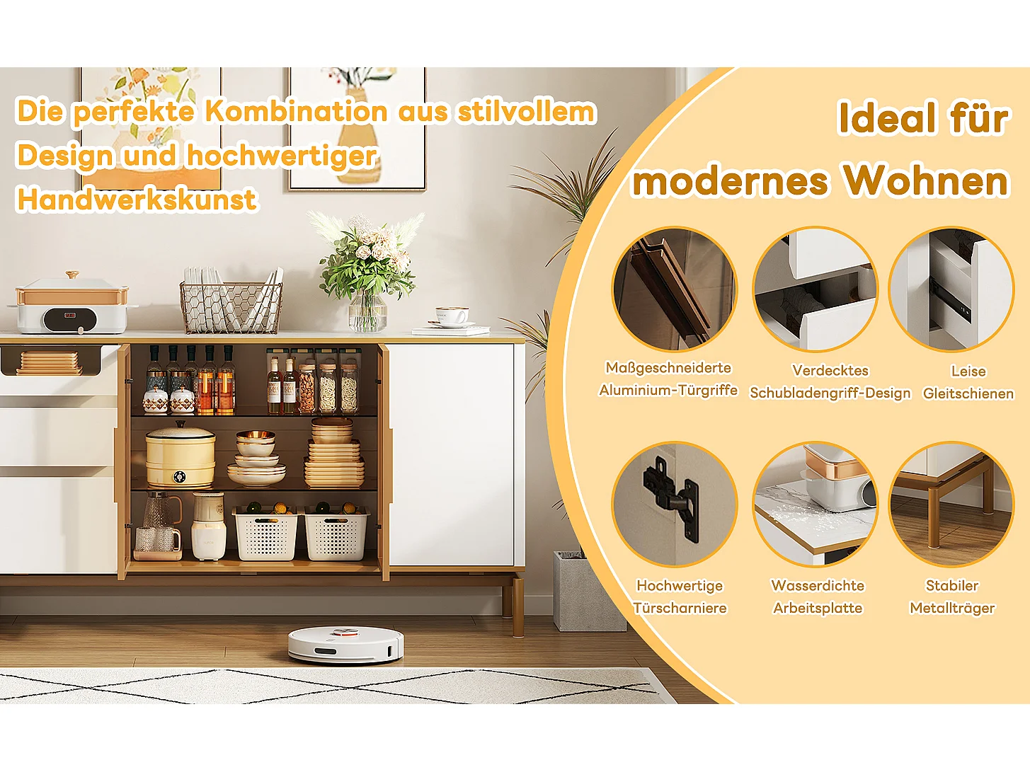 Elegant dressoir 150Lx40Bx80H cm, wit, marmeren blad, gouden afwerking - Moderne opbergkast met glazen en houten deuren (150x40x80 cm)